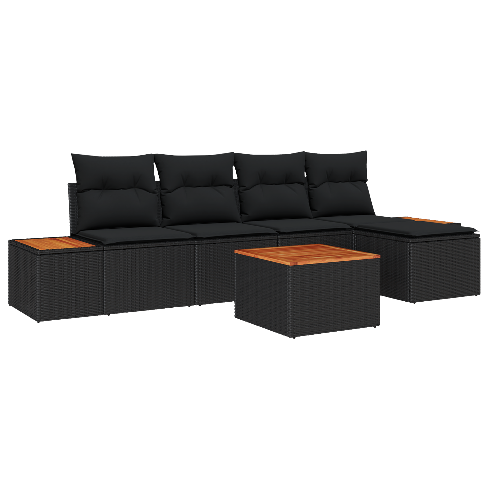 Set de canapea pentru grădină , 6 piese, cu perne, Negru, Poliratan, Acacia, Canapea de grădină , 2 locuri, cu storage și perne, Negru, Poliratan [1]