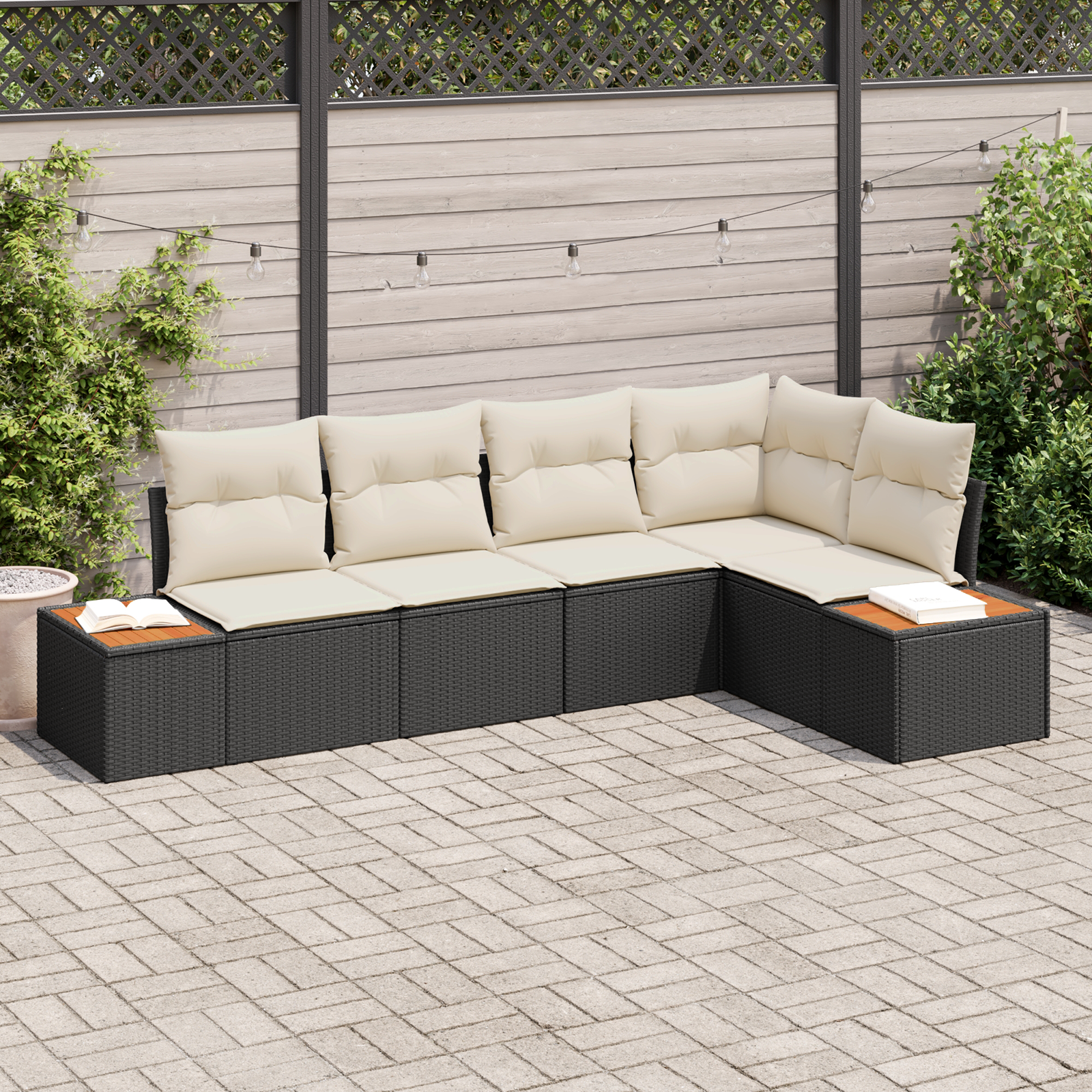 Canapele de exterior - Set canapea grădină  5 piese cu perne - Rattan negru și acacia, Canapea grădină  2 locuri cu depozitare și perne - Rattan negru