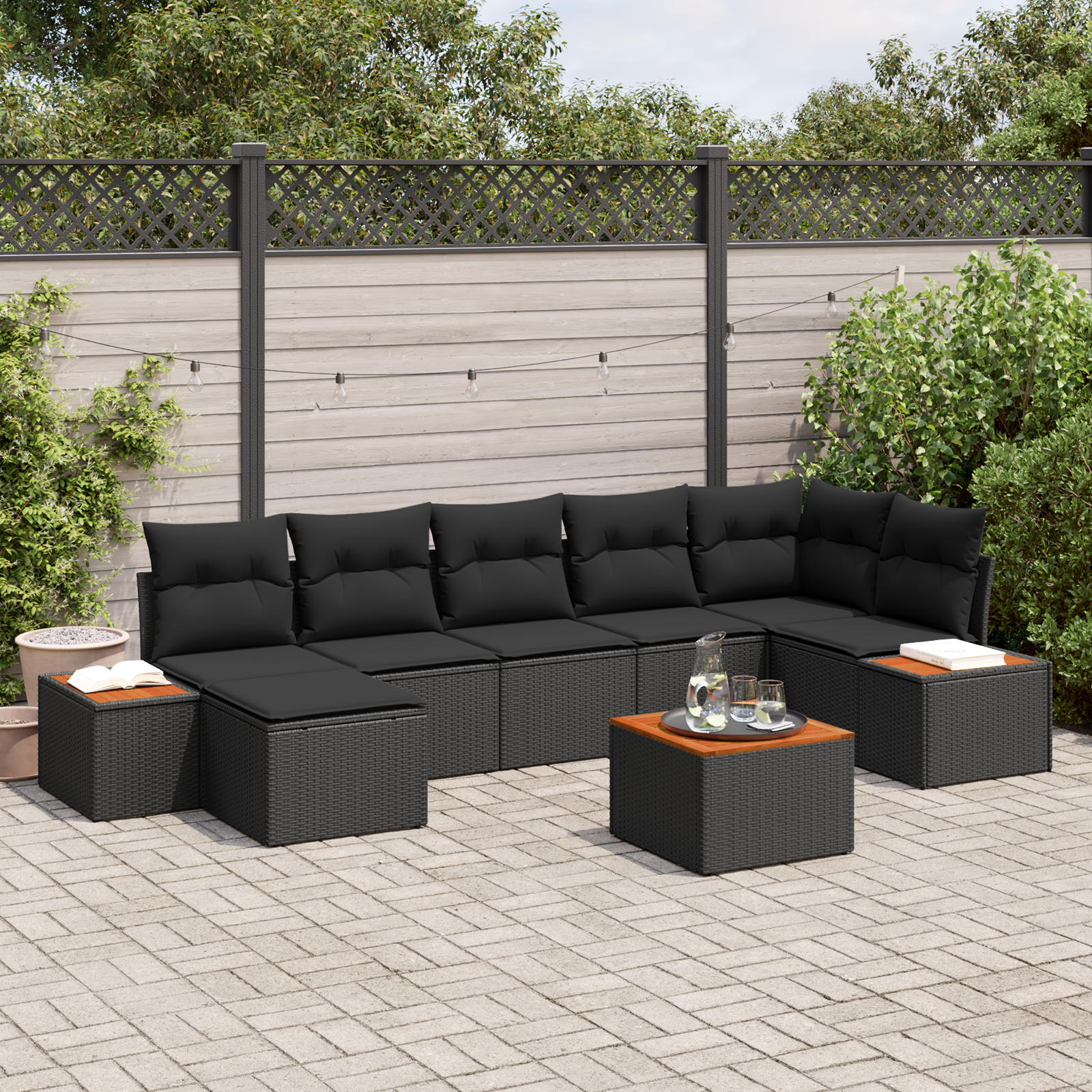 Canapele de exterior - Set Canapea Modulară Grădină 8 Piese Perne Negru Poliratan Acacia, Canapea Grădină 2 Locuri Spațiu Stocare și Perne Negru Poliratan