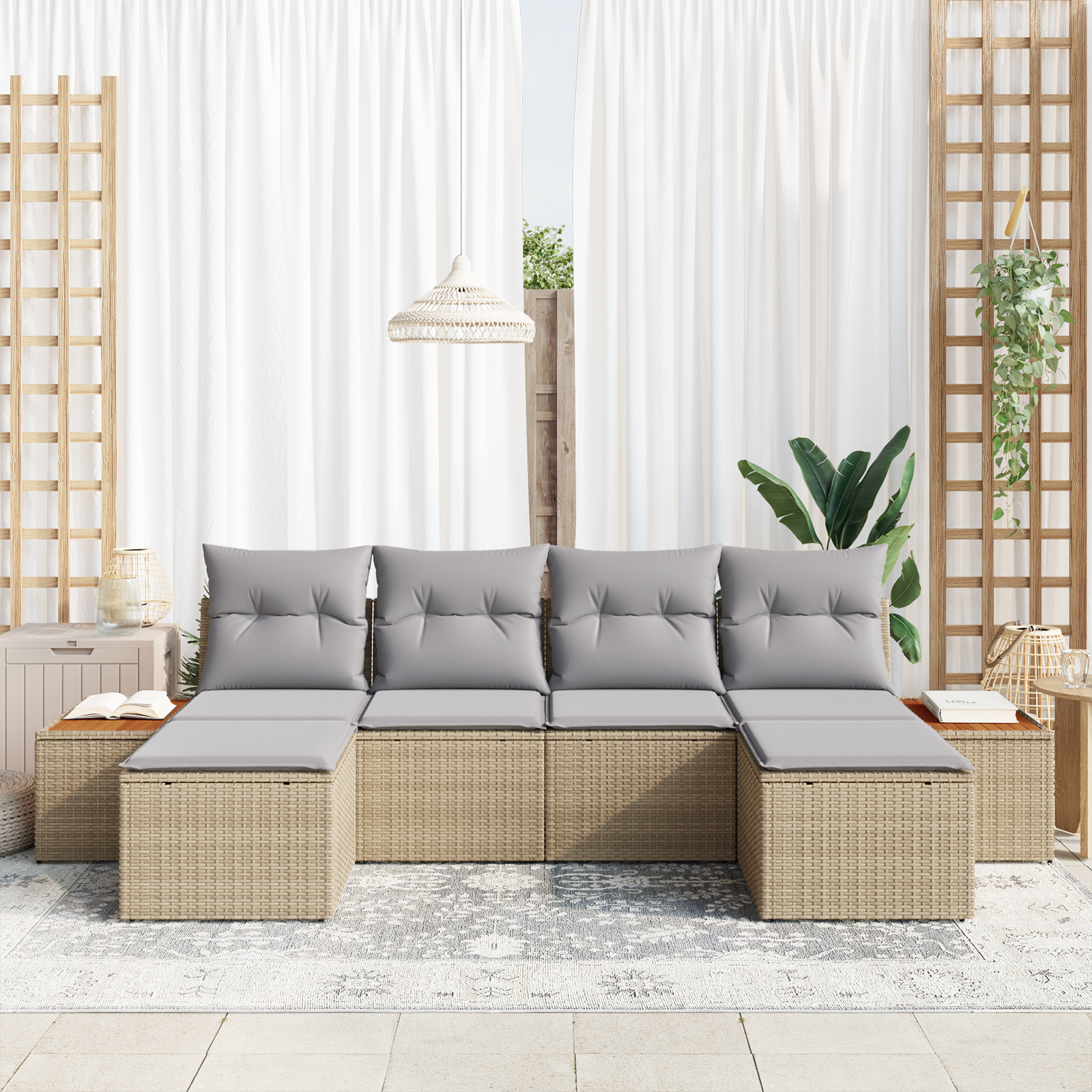 Set de Canapea Grădină  cu Perne Bej Ratan Poli Acacia, Canapea Grădină  cu 2 Locuri și Spațiu de Depozitare & Perne Bej Ratan Poli [2]