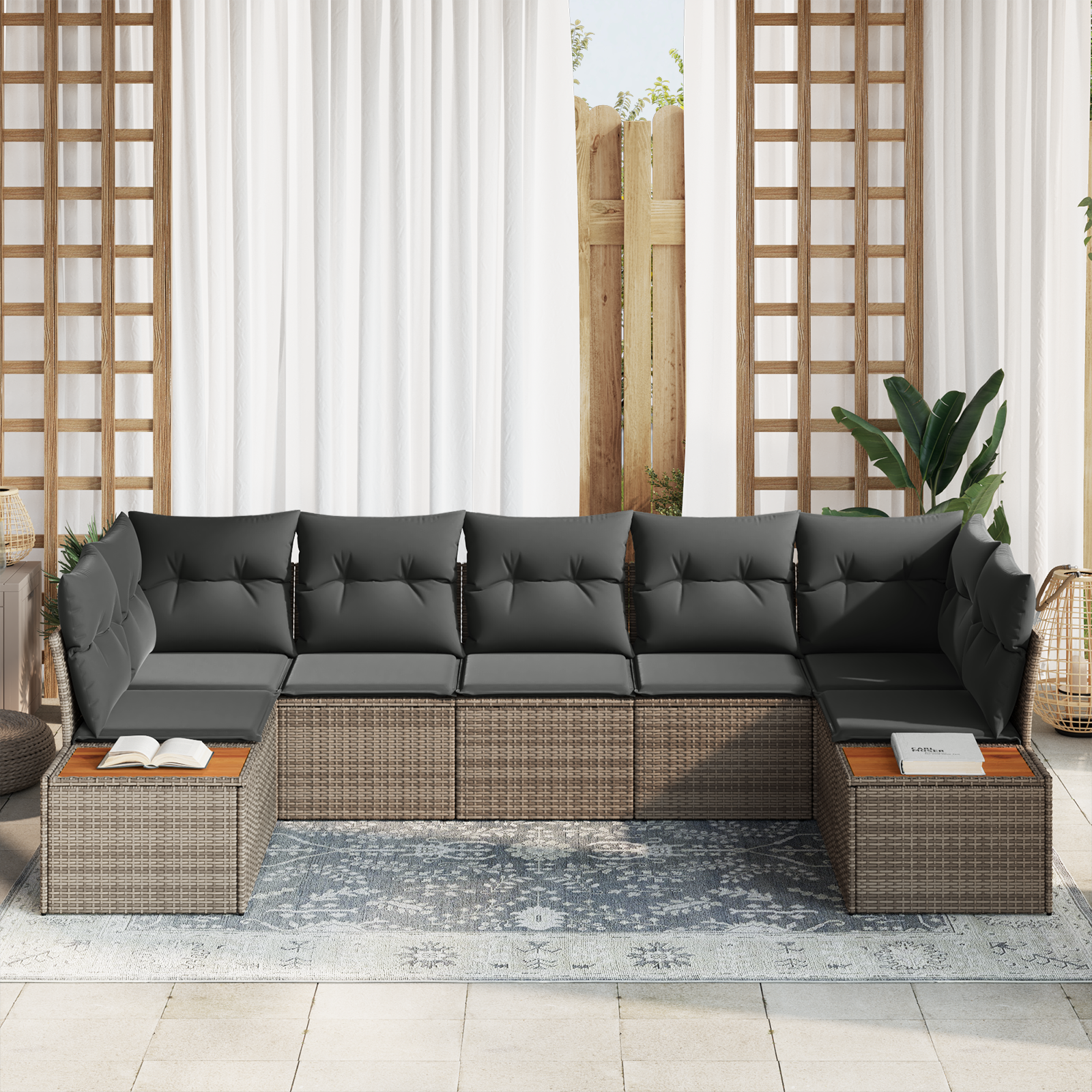 Set Canapea Grădină  7 Piese cu Perne Gri Poli Ratan, Set Canapea Grădină  2-Locuri cu Depozitare & Perne Gri Poli Ratan [2]