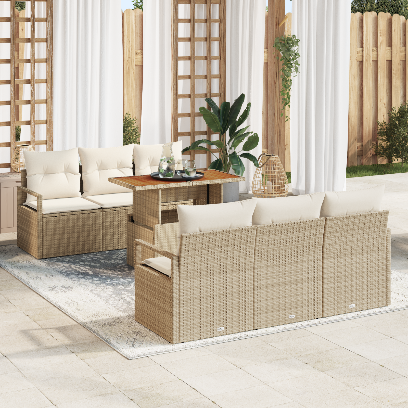 Canapele de exterior - Set de Canapea Grădină  7 Piese cu Perne Bej Rattan Poly, Canapea Grădină  2-Seat cu Depozitare & Perne Bej Rattan Poly
