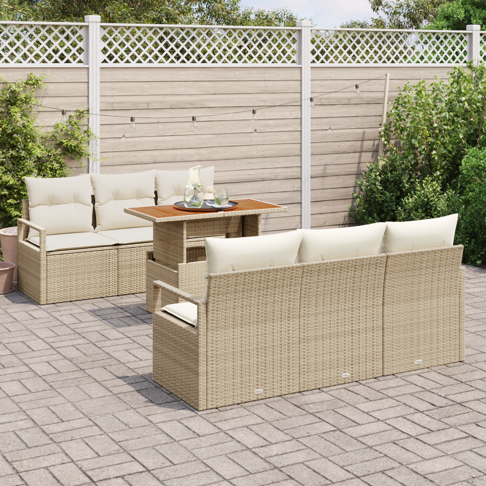 Set de Canapea Grădină  7 Piese cu Perne Bej Rattan Poly, Canapea Grădină  2-Seat cu Depozitare & Perne Bej Rattan Poly [2]