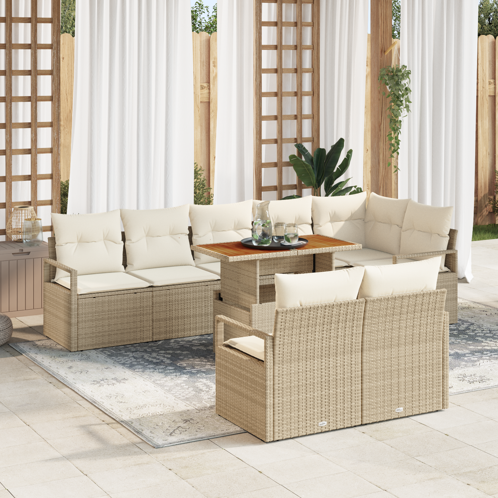 Canapele de exterior - Set de Sofa de Grădină vitaXL 9 Piese cu Perne Bej din Ratan Poli, Sofa de Grădină vitaXL cu Spațiu de Stocare & Perne Bej din Ratan Poli