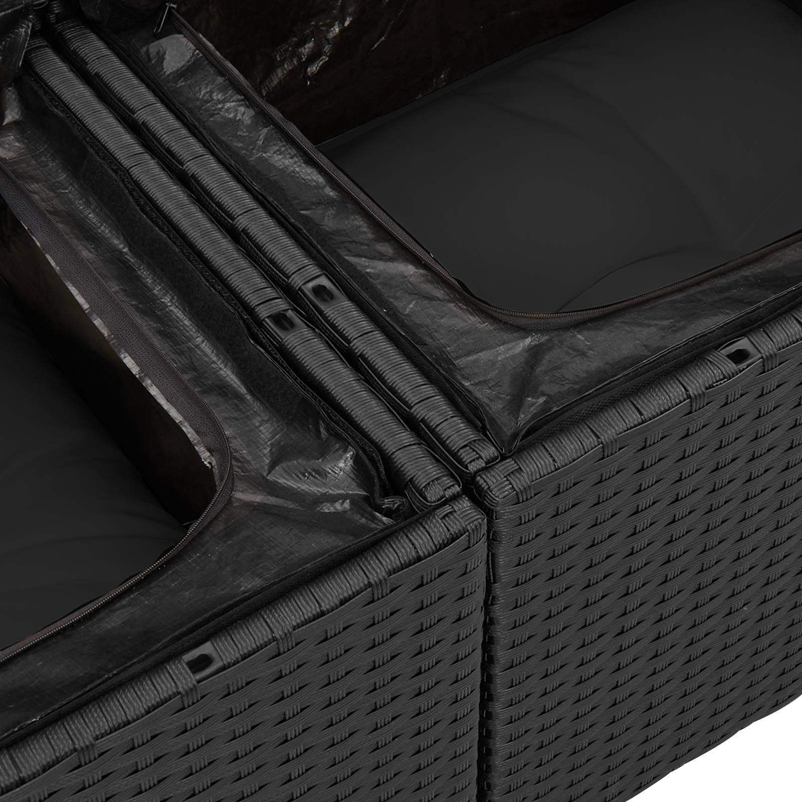 Set de Sofa pentru Grădină  7 Piese cu Perne Negru Poliratan, Sofa pentru Grădină  cu 2 Locuri cu Spațiu de Depozitare & Perne Negru Poliratan [6]