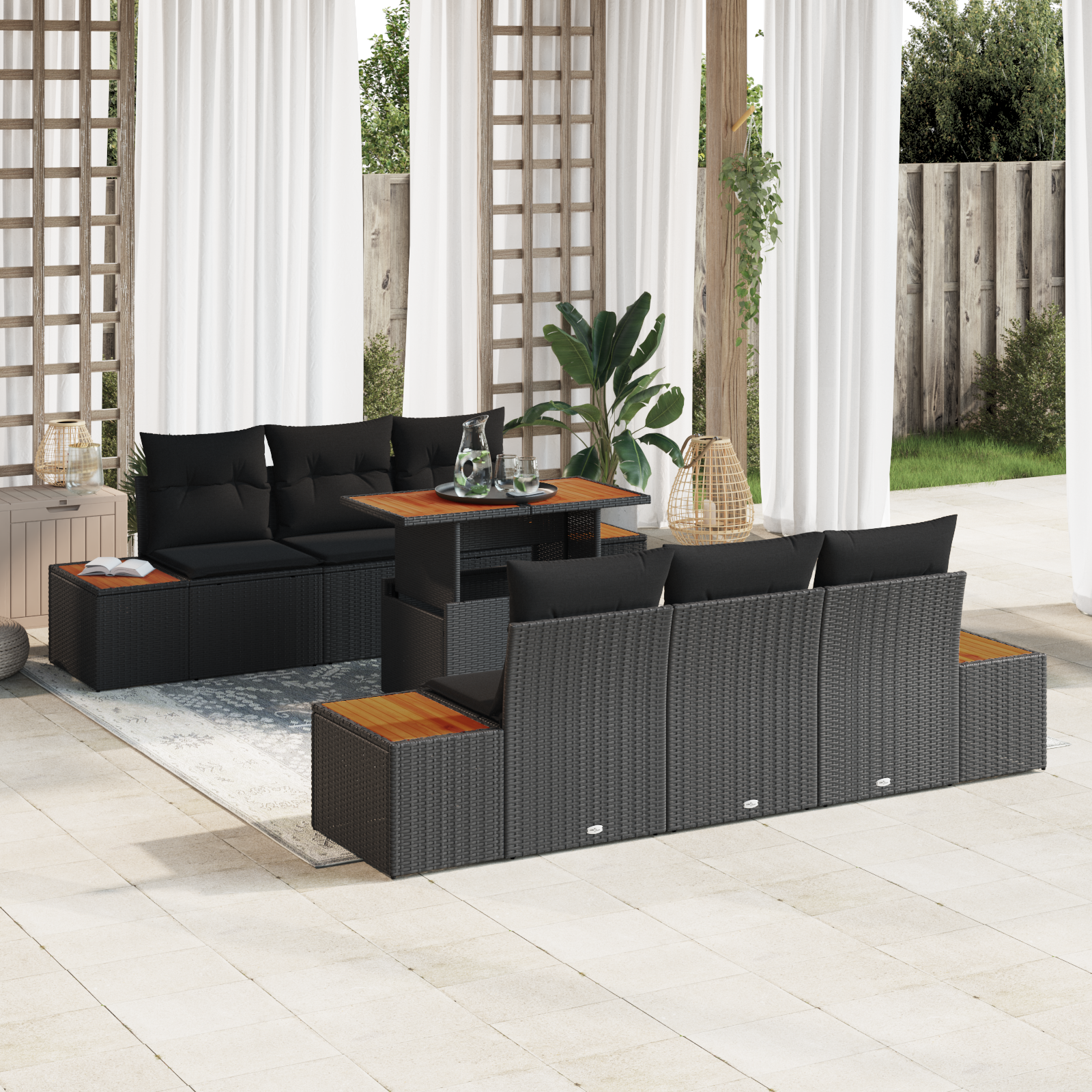 Canapele de exterior - Set de Sofa pentru Grădină  7 Piese cu Perne Negru Poliratan, Sofa pentru Grădină  cu 2 Locuri cu Spațiu de Depozitare & Perne Negru Poliratan