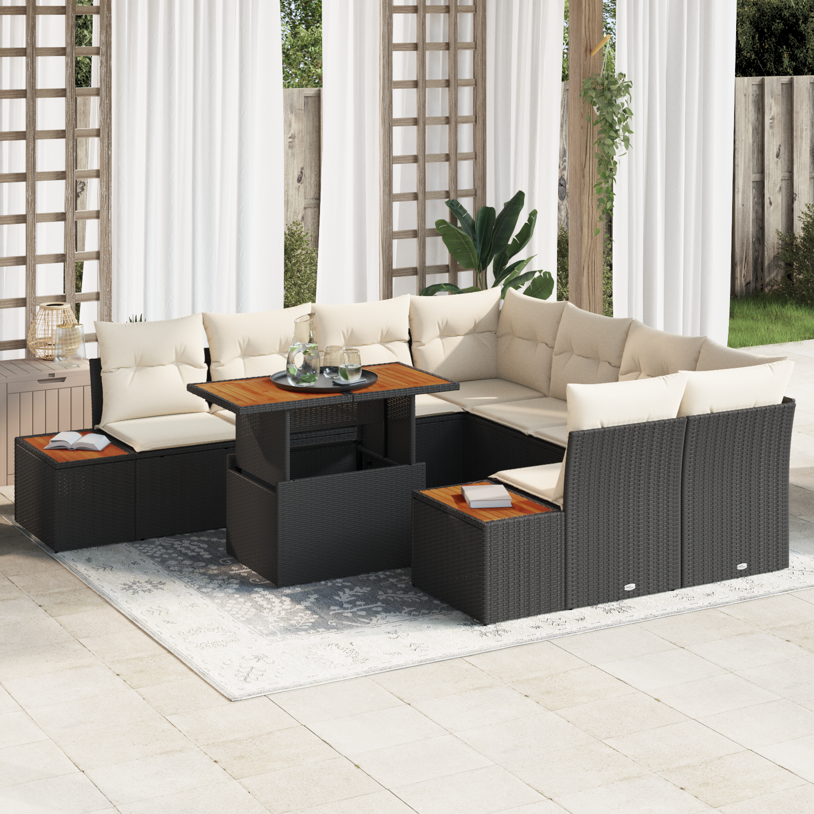 Canapele de exterior - Set de Sofa pentru Gradina  cu 9 Piese cu Perne Negru Ratan Polimeric, Set de Sofa pentru Gradina  cu 2 Locuri cu Spațiu de Stocare și Perne Negru Ratan Polimeric