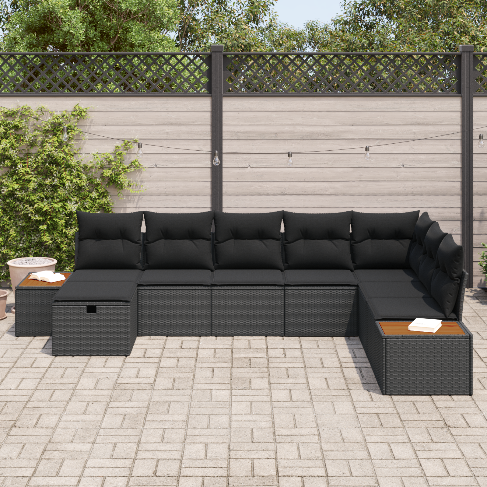Set de canapea pentru grădină  cu perne Rattan sintetic negru 8 piese, Canapea pentru grădină  cu 2 locuri și depozitare & perne Rattan sintetic negru [2]