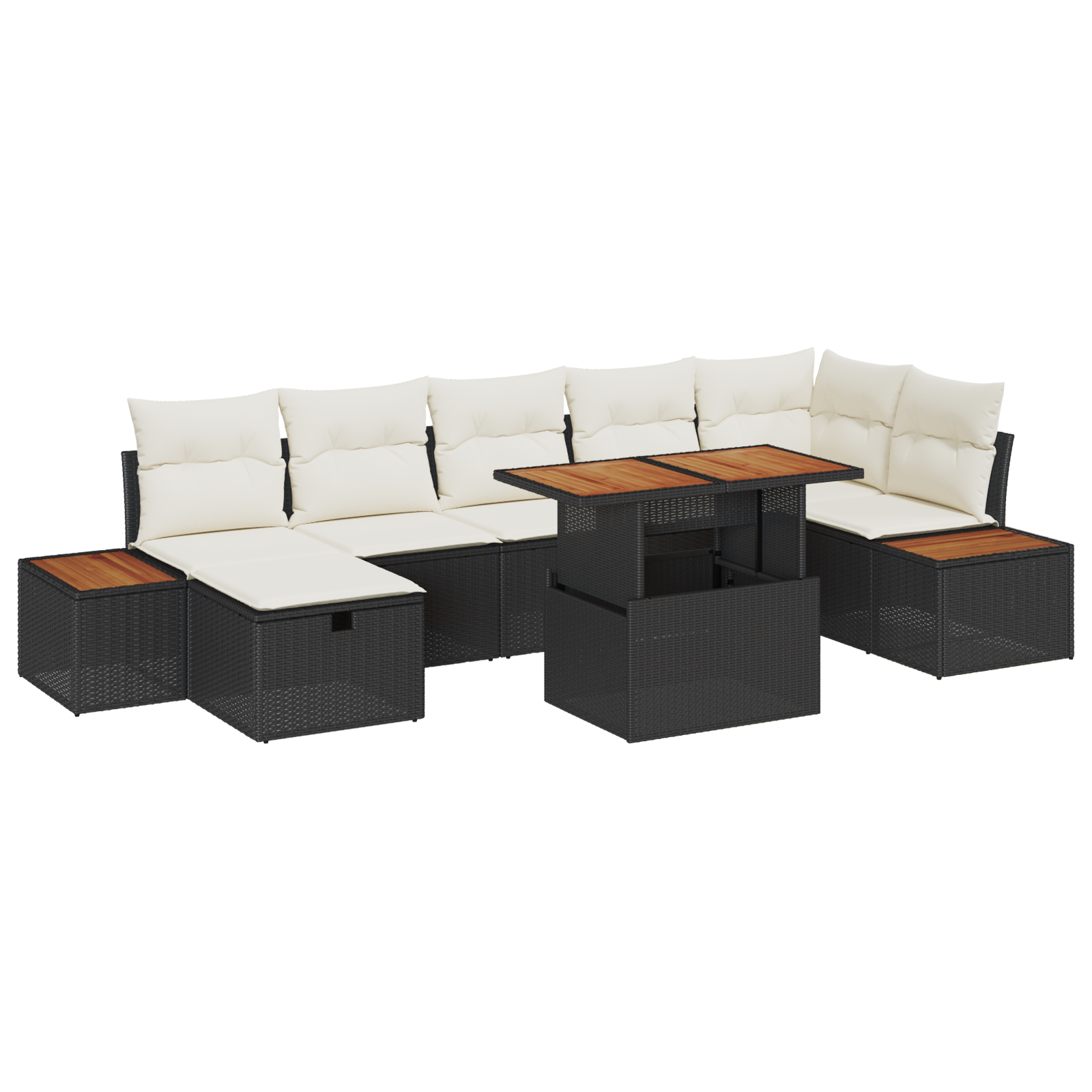 Set de Sofa de Grădină cu 8 Piese și Pernuțe - Poli Ratan Negru și Acacia, Sofa de Grădină cu 2 Locuri cu Spațiu de Depozitare și Pernuțe - Poli Ratan Negru [1]
