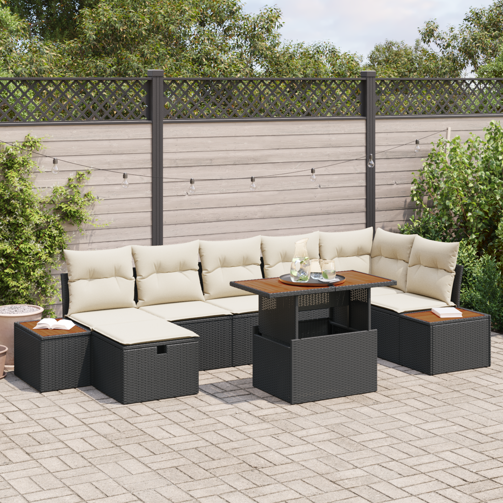 Canapele de exterior - Set de Sofa de Grădină cu 8 Piese și Pernuțe - Poli Ratan Negru și Acacia, Sofa de Grădină cu 2 Locuri cu Spațiu de Depozitare și Pernuțe - Poli Ratan Negru