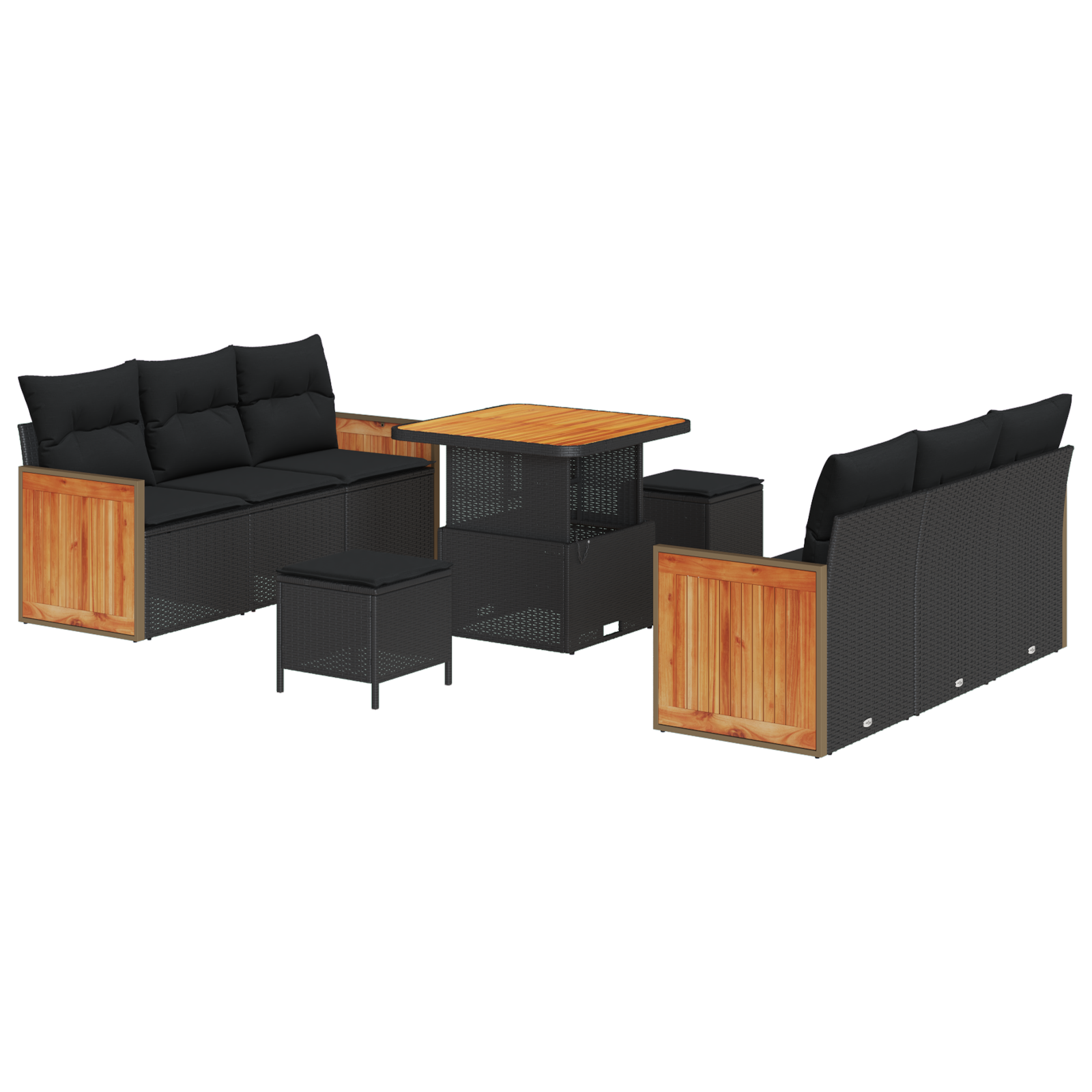 Set de 9 piese de sofa de grădină  cu perne Negre Ratan Polimeric Acacia, Sofa de grădină  cu 2 locuri și perne Negre Ratan Polimeric, Set de dining de grădină de 3 piese cu perne Negre Ratan Polimeri [1]