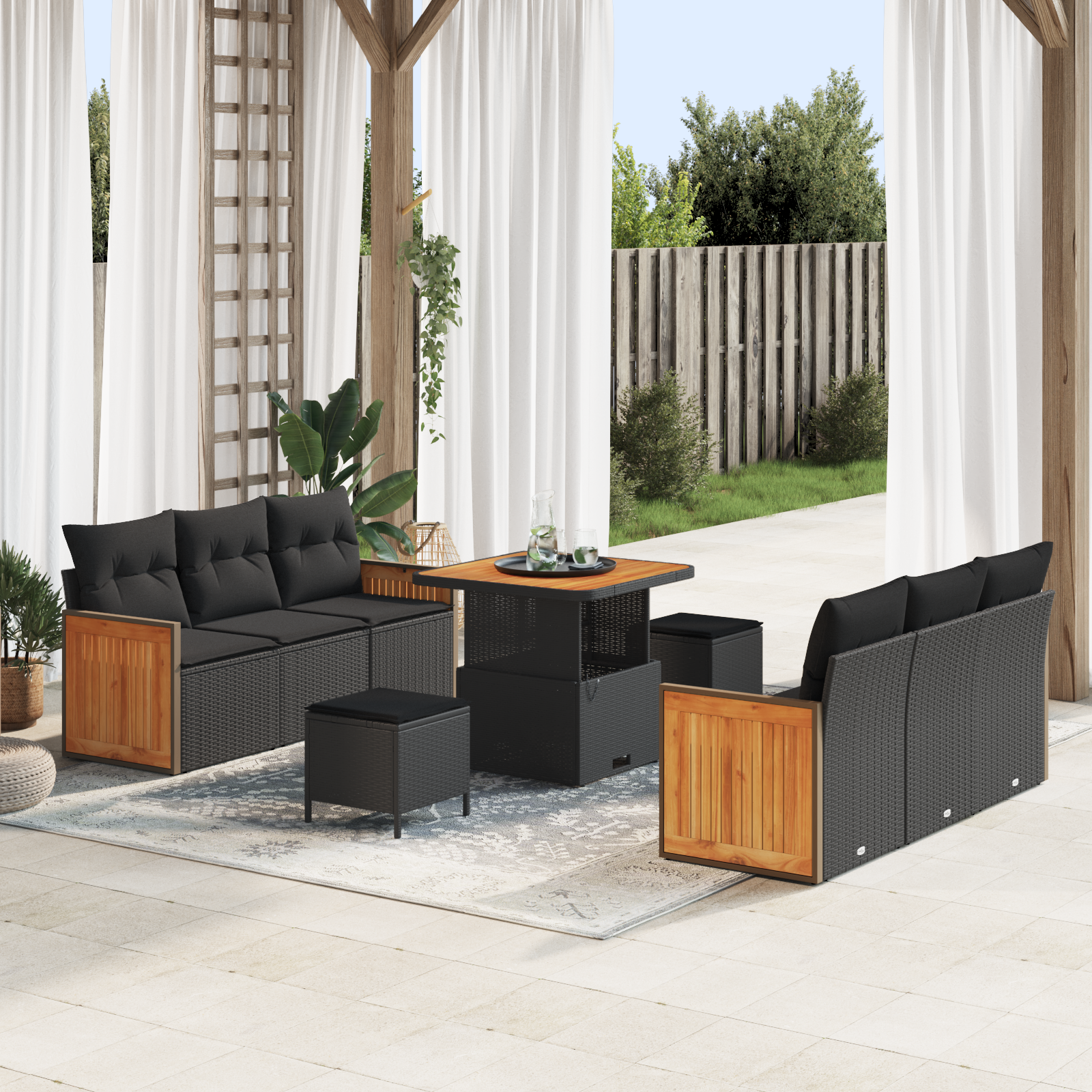 Canapele de exterior - Set de 9 piese de sofa de grădină  cu perne Negre Ratan Polimeric Acacia, Sofa de grădină  cu 2 locuri și perne Negre Ratan Polimeric, Set de dining de grădină de 3 piese cu perne Negre Ratan Polimeri