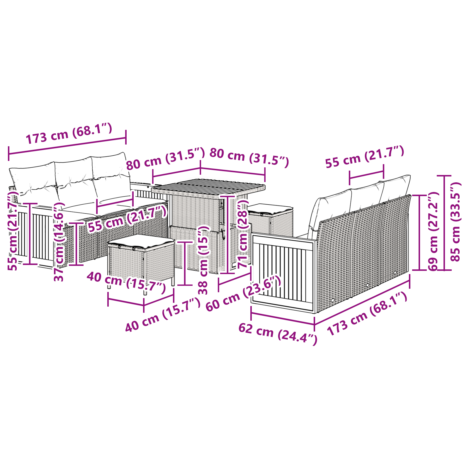 Set de 9 piese de sofa de grădină  cu perne Negre Ratan Polimeric Acacia, Sofa de grădină  cu 2 locuri și perne Negre Ratan Polimeric, Set de dining de grădină de 3 piese cu perne Negre Ratan Polimeri [8]