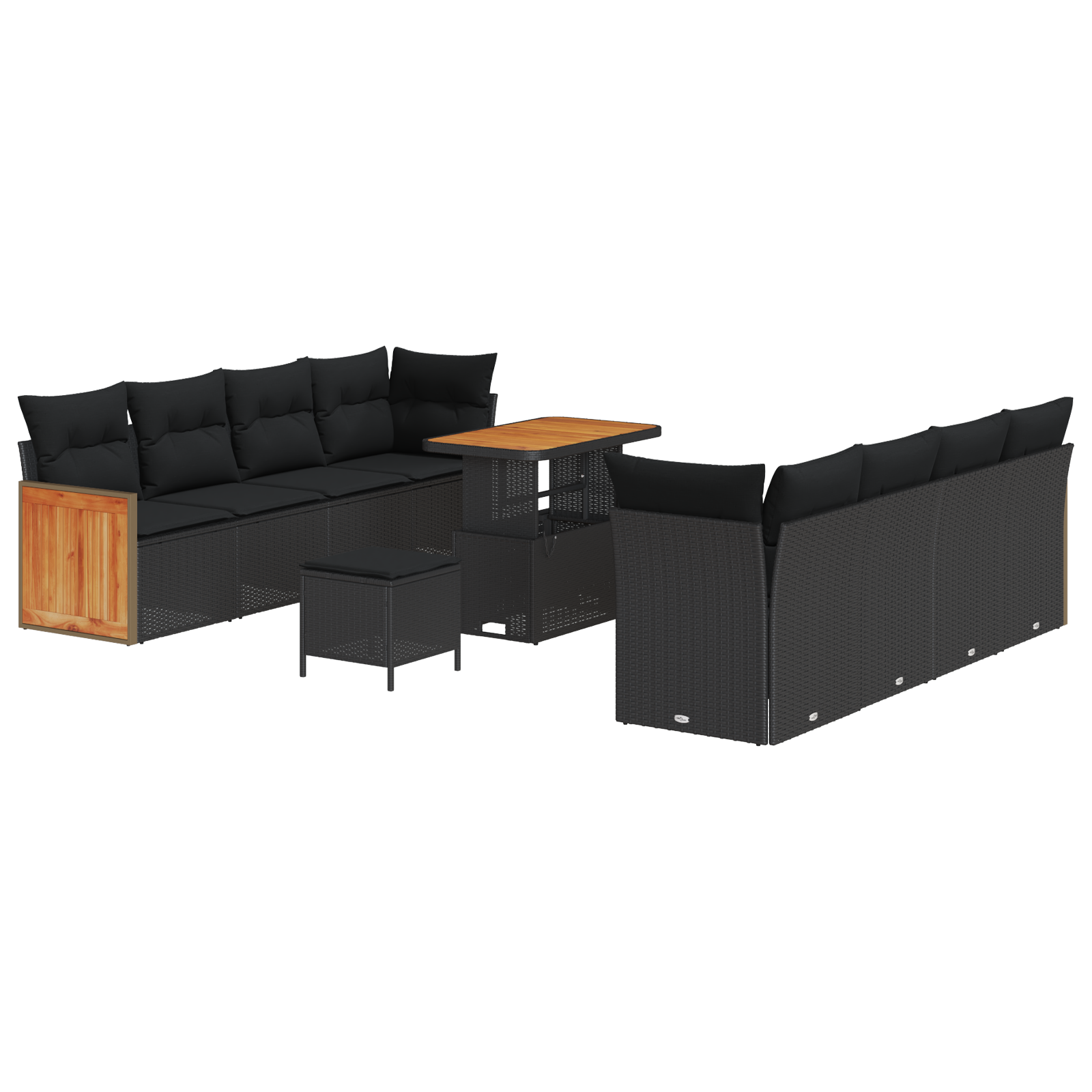 Set de sofa de grădină  11 Piese cu perne Negru Poliratan Acacia, Sofa de grădină  cu 2 locuri cu perne Negru Poliratan, Set de mese de grădină  3 Piese cu perne Negru Poliratan Acacia [1]