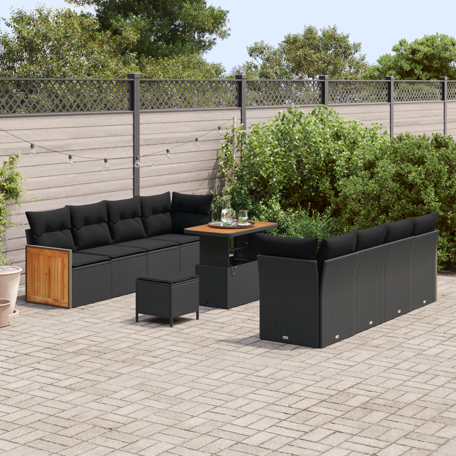 Set de sofa de grădină  11 Piese cu perne Negru Poliratan Acacia, Sofa de grădină  cu 2 locuri cu perne Negru Poliratan, Set de mese de grădină  3 Piese cu perne Negru Poliratan Acacia [2]