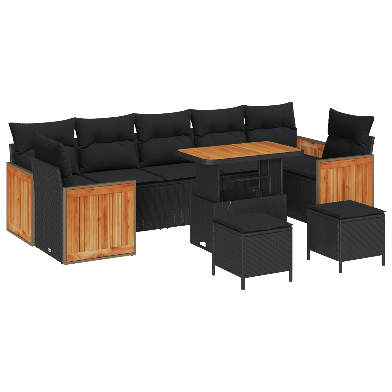 Set de sofa de grădină  cu 10 piese cu perne Negru Poliratan Acacia, Set de sofa de grădină  cu 2 locuri cu perne Negru Poliratan, Set de dining de grădină  cu 3 piese cu perne Negru Poliratan Acacia [1]