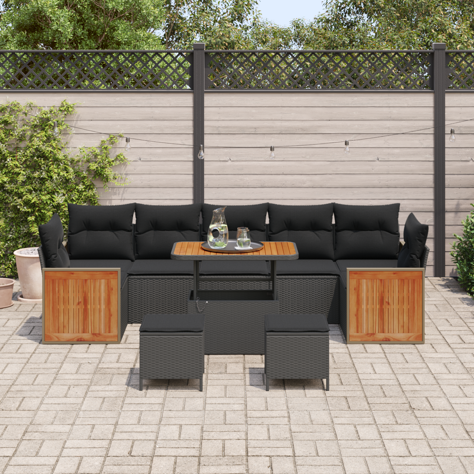 Set de sofa de grădină  cu 10 piese cu perne Negru Poliratan Acacia, Set de sofa de grădină  cu 2 locuri cu perne Negru Poliratan, Set de dining de grădină  cu 3 piese cu perne Negru Poliratan Acacia [2]