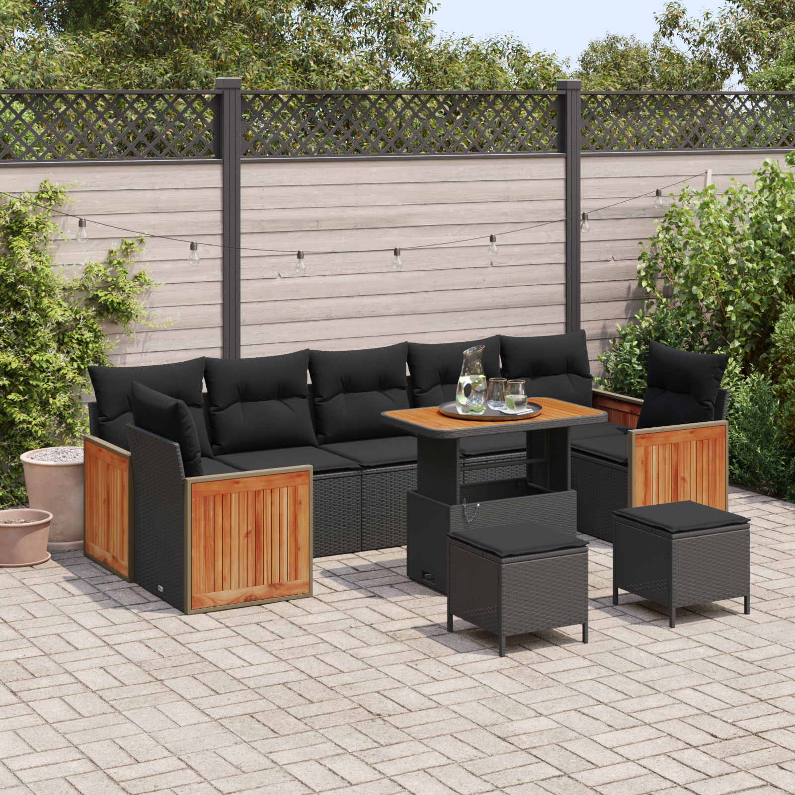 Canapele de exterior - Set de sofa de grădină  cu 10 piese cu perne Negru Poliratan Acacia, Set de sofa de grădină  cu 2 locuri cu perne Negru Poliratan, Set de dining de grădină  cu 3 piese cu perne Negru Poliratan Acacia
