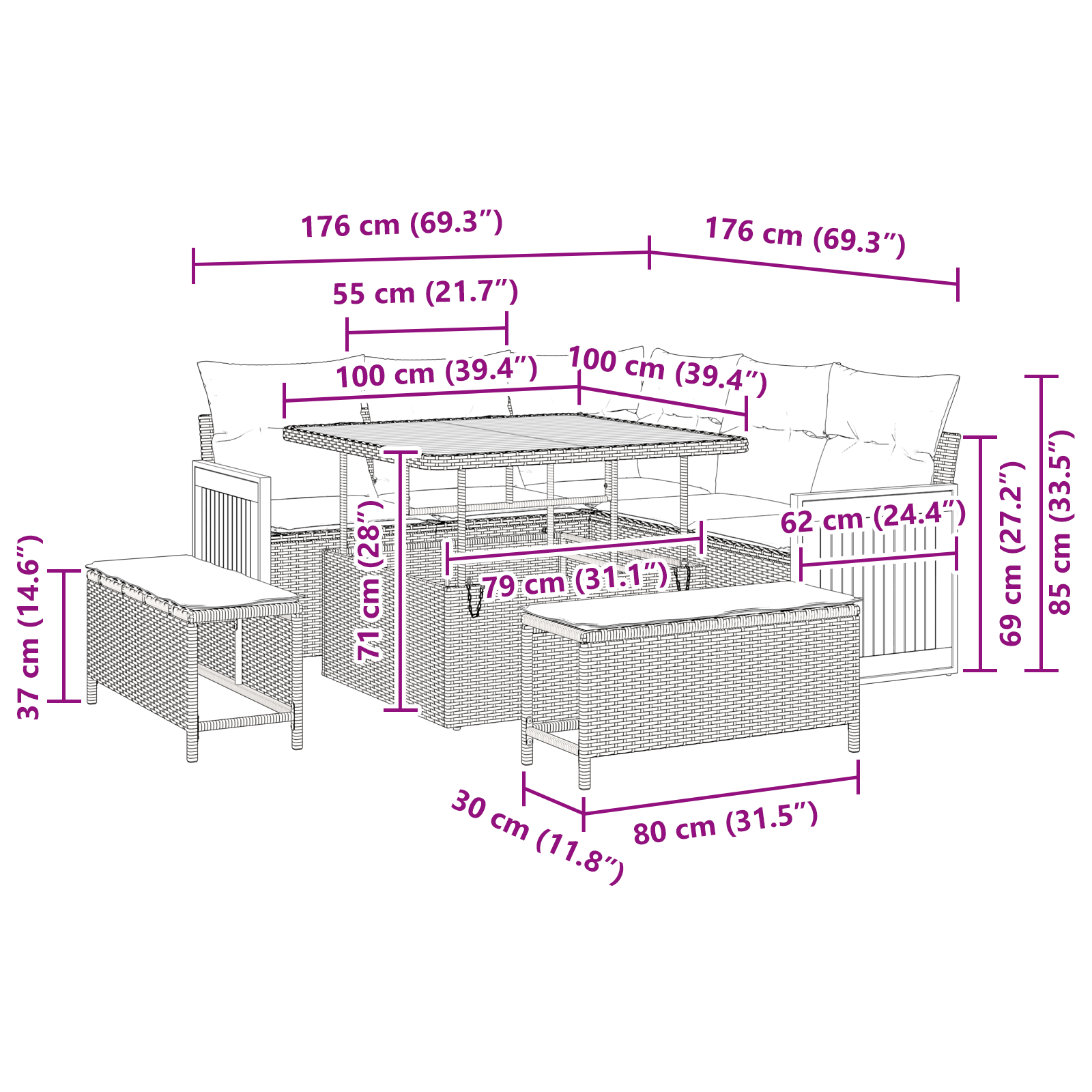 Set de canapele de grădină  cu perne 8 piese Negru Poliratan Acacia, Canapea de grădină  cu perne 2 locuri Negru Poliratan, Set de dining de grădină  3 piese cu perne Negru Poliratan Acacia [6]