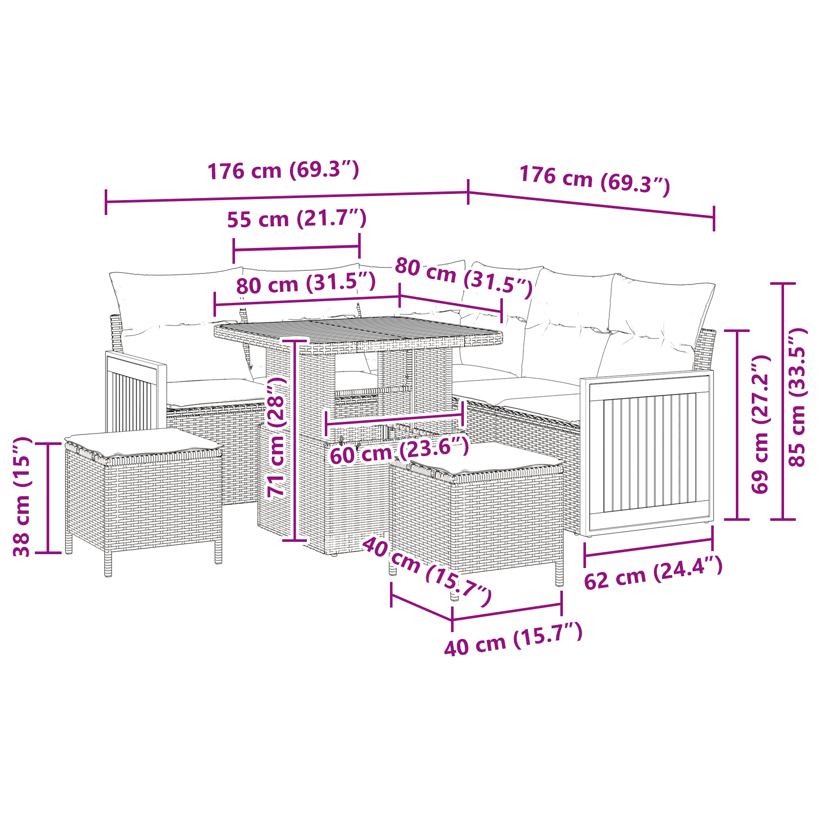 Set Canapea Grădină  cu 8 piese cu perne Negru Poliratan Acacia, Canapea Grădină cu 2 locuri  cu perne Negru Poliratan, Set Grădină cu 3 piese cu perne Negru Poliratan Acacia [6]
