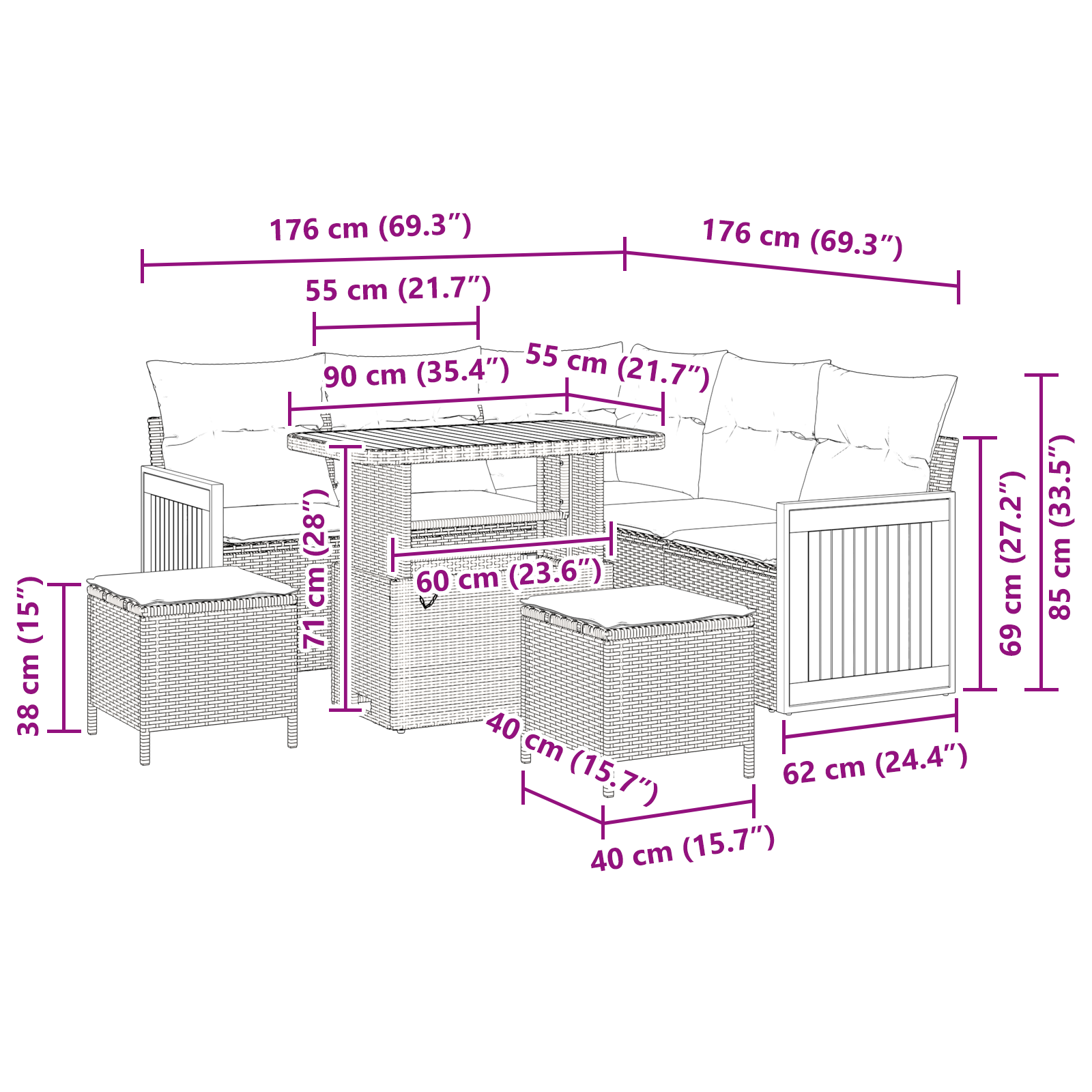 Set de Canapea de Grădină  8 Piese cu Perne Negru Poli Ratan Acacia, Canapea de Grădină  2 Locuri cu Perne Negru Poli Ratan, Set de Dining de Grădină  3 Piese cu Perne Negru Poli Ratan Acacia [9]