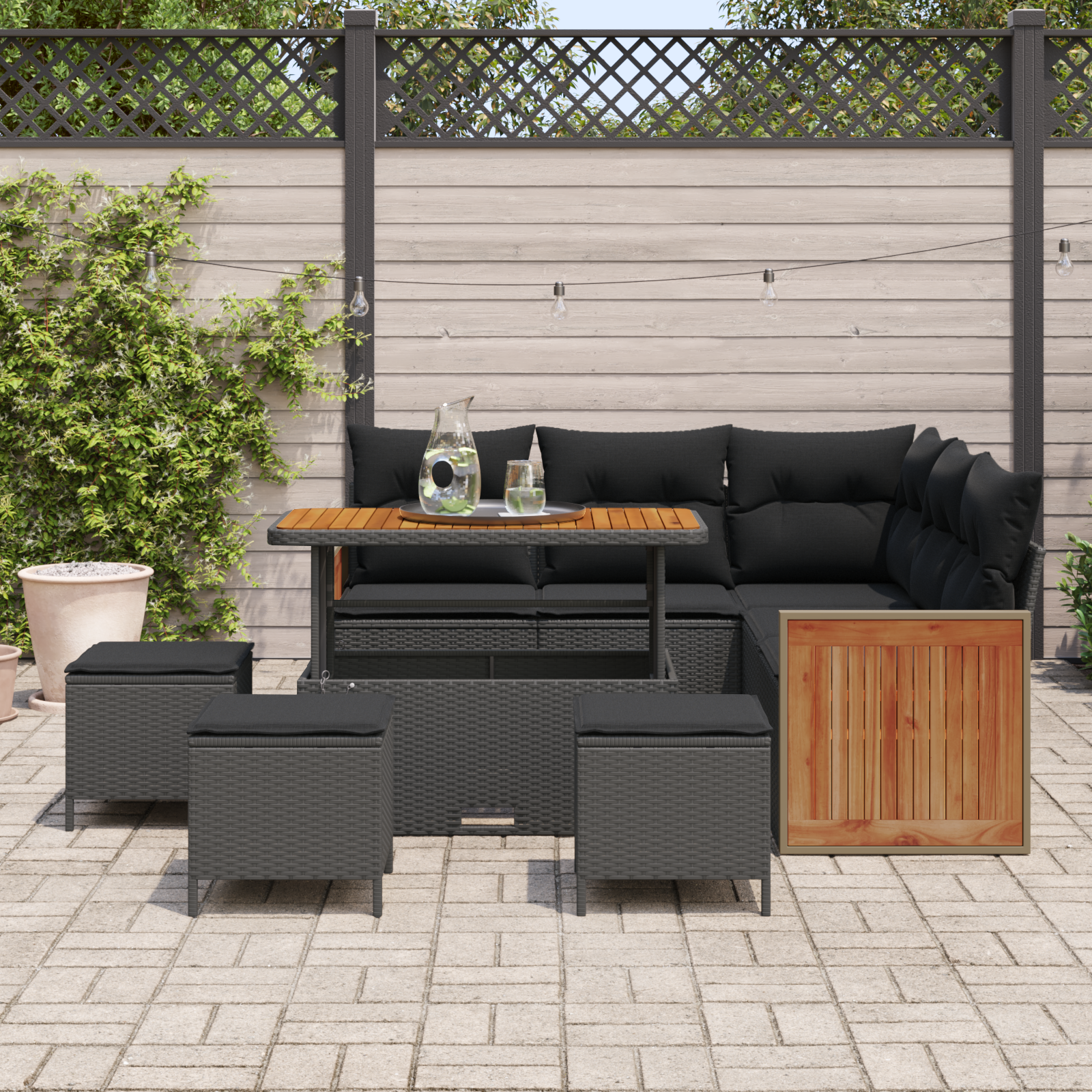 Set de Sofa de Grădină  9 Piese cu Perne Negru Ratan Poliamidă Acacia, Sofa de Grădină  2 Locuri cu Perne Negru Ratan Poliamidă, Set de Cină de Grădină  4 Piese cu Perne Negru Ratan Poliamidă Acacia [2]