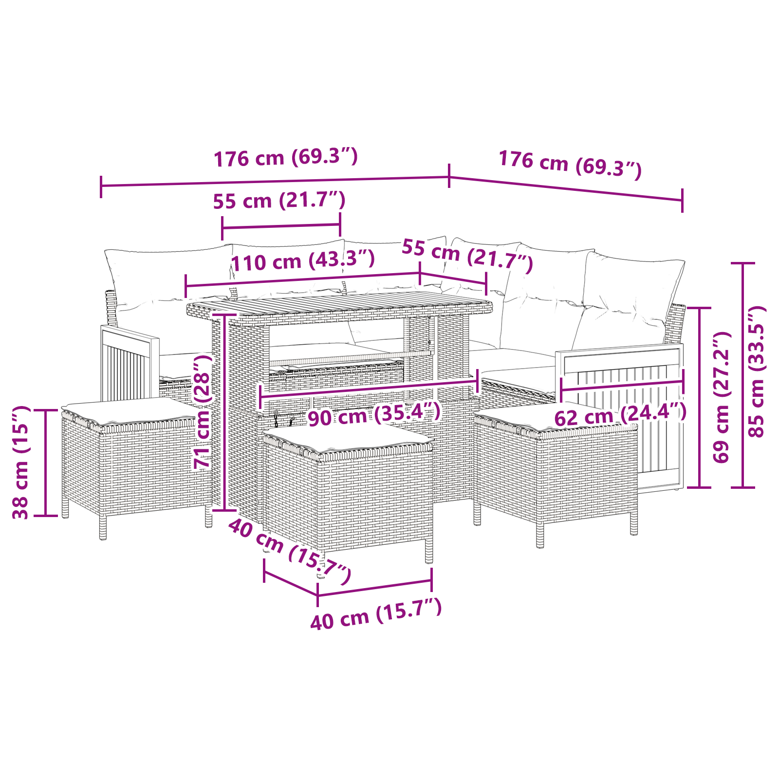 Set de Sofa de Grădină  9 Piese cu Perne Negru Ratan Poliamidă Acacia, Sofa de Grădină  2 Locuri cu Perne Negru Ratan Poliamidă, Set de Cină de Grădină  4 Piese cu Perne Negru Ratan Poliamidă Acacia [8]