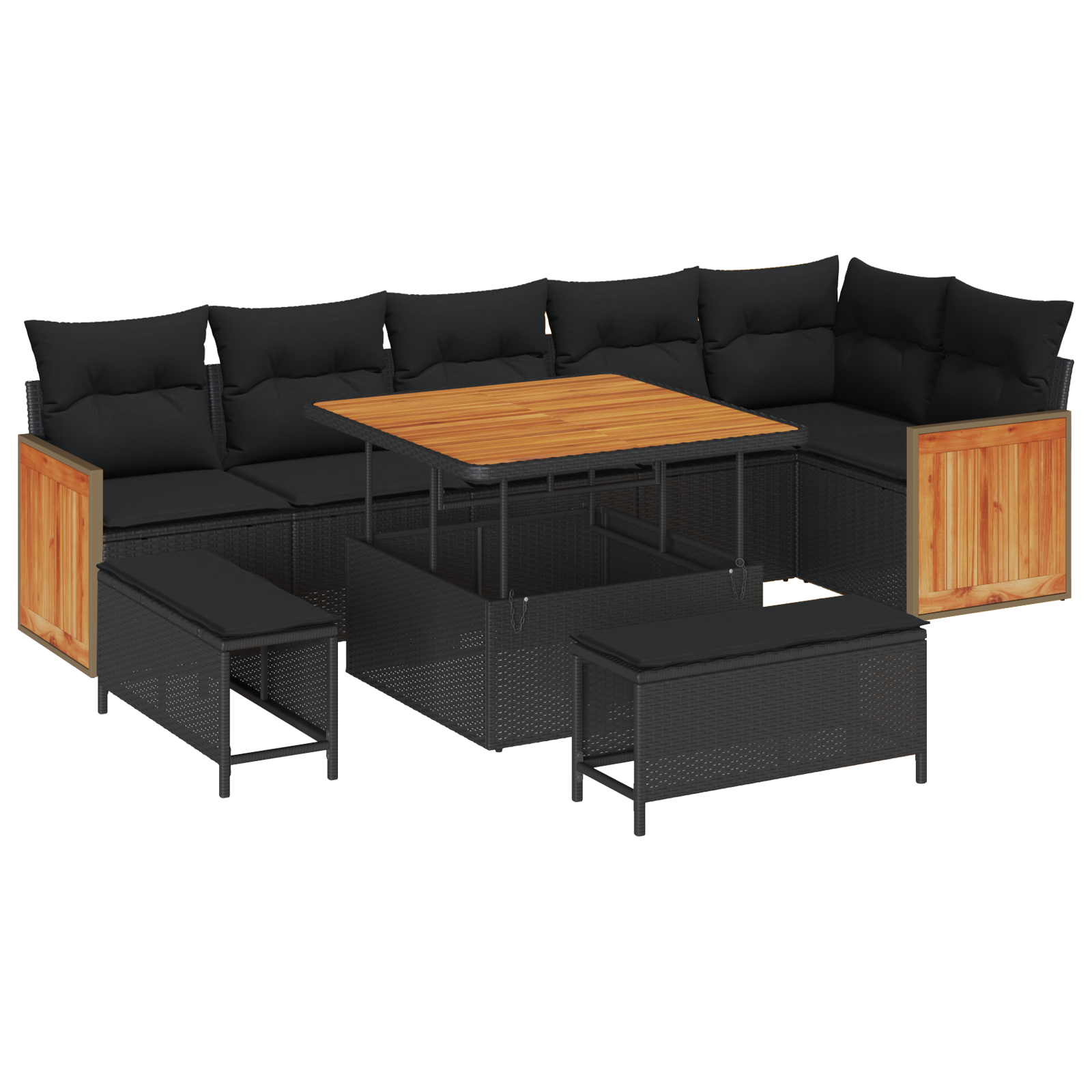 Set canapea de grădină cu 9 piese și perne, ratan negru, acacia, Set canapea de grădină cu 2 locuri și perne, ratan negru, Set de dining cu 3 piese pentru grădină cu perne, ratan negru, acacia [1]