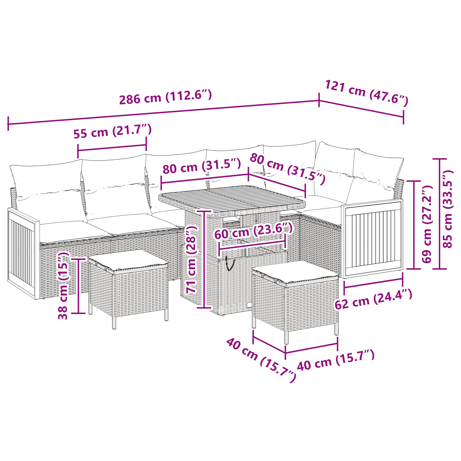 Set de canapea de grădină  cu 9 piese și perne negre din poliratan, Set de canapea de grădină  cu 2 locuri și perne negre din poliratan, Set de dining de grădină  cu 3 piese și perne negre din polirat [8]