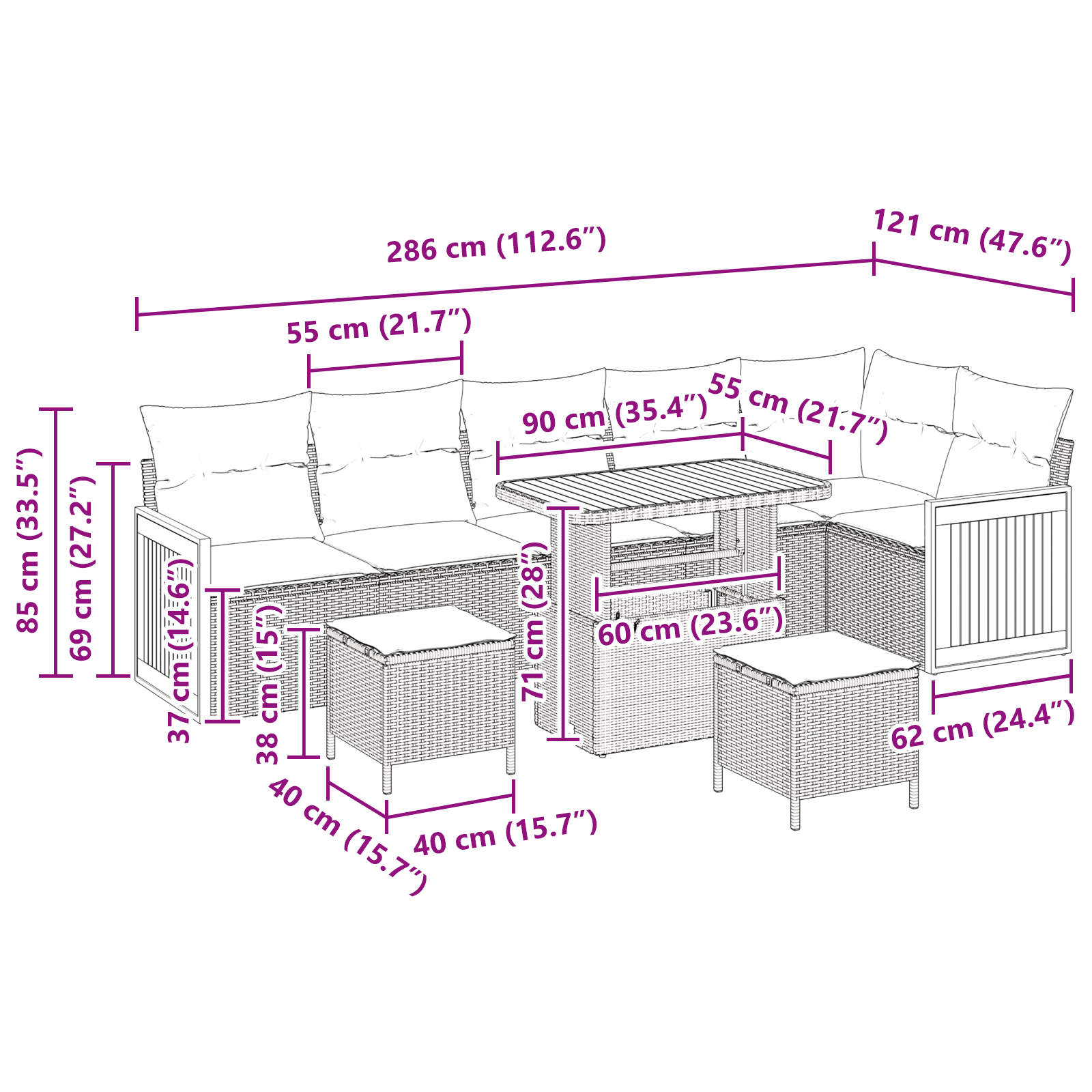 Set de canapele pentru grădină  9 piese cu perne Ratan poli negru Acacia, Canapea de grădină  2 locuri cu perne Ratan poli negru, Set de dining pentru grădină  3 piese cu perne Ratan poli negru Acacia [9]