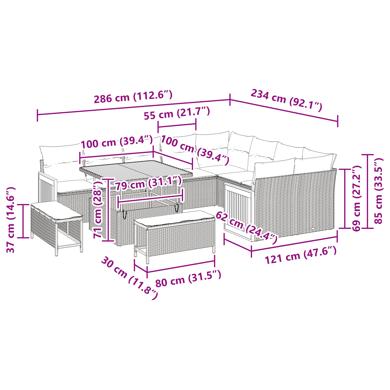 Set de canapea de grădină  cu 12 piese cu perne Negru Ratan Poli Acacia, Set de dining de grădină  cu 3 piese cu perne Negru Ratan Poli Acacia, Canapea de grădină cu 2 locuri  cu perne Negru Ratan Pol [5]
