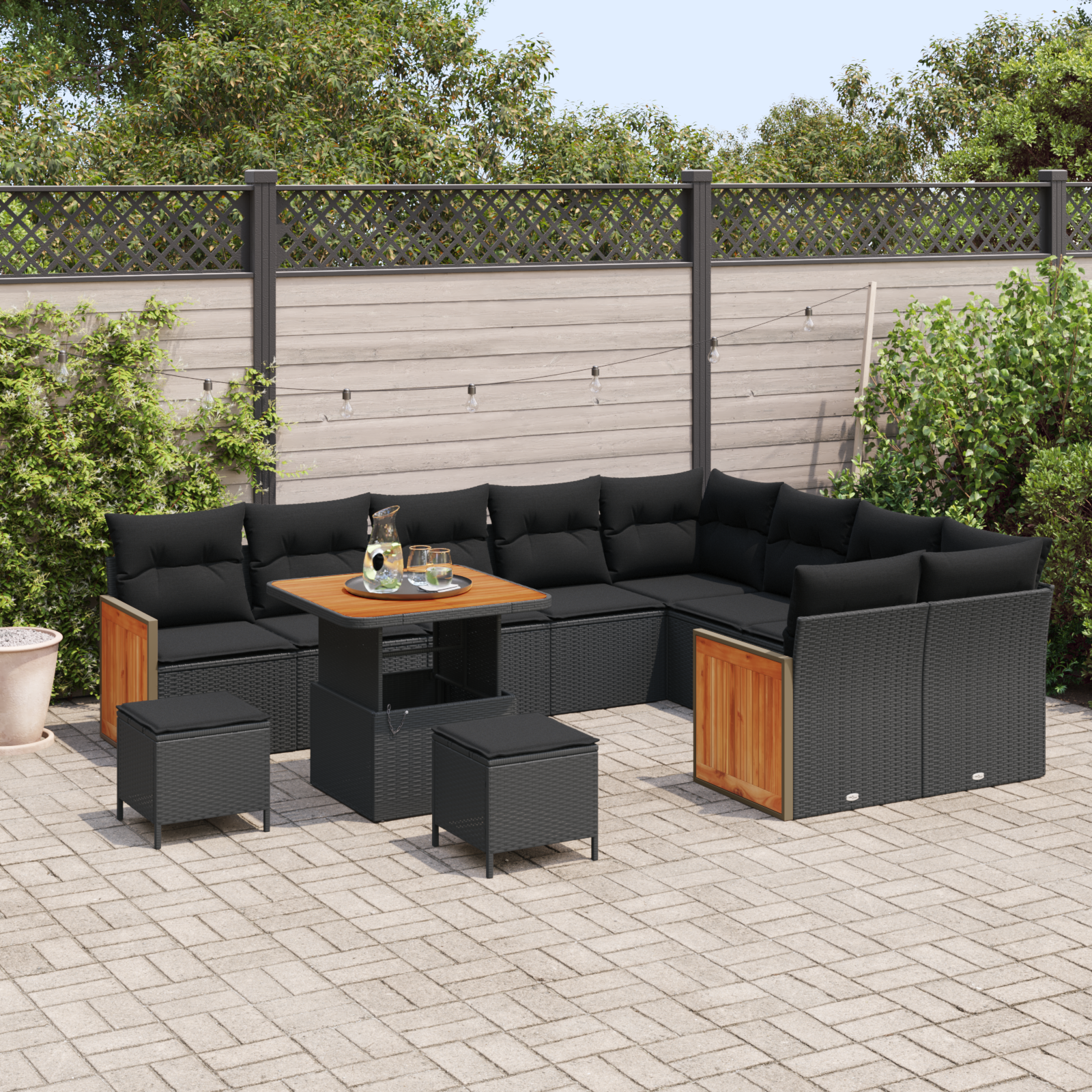 Canapele de exterior - Set de mobilier pentru grădină  cu 12 piese și perne Negru Ratan Poli Acacia, Set de dining pentru grădină  cu 3 piese și perne Negru Ratan Poli Acacia, Sofa pentru grădină cu 2 locuri  cu perne Negru