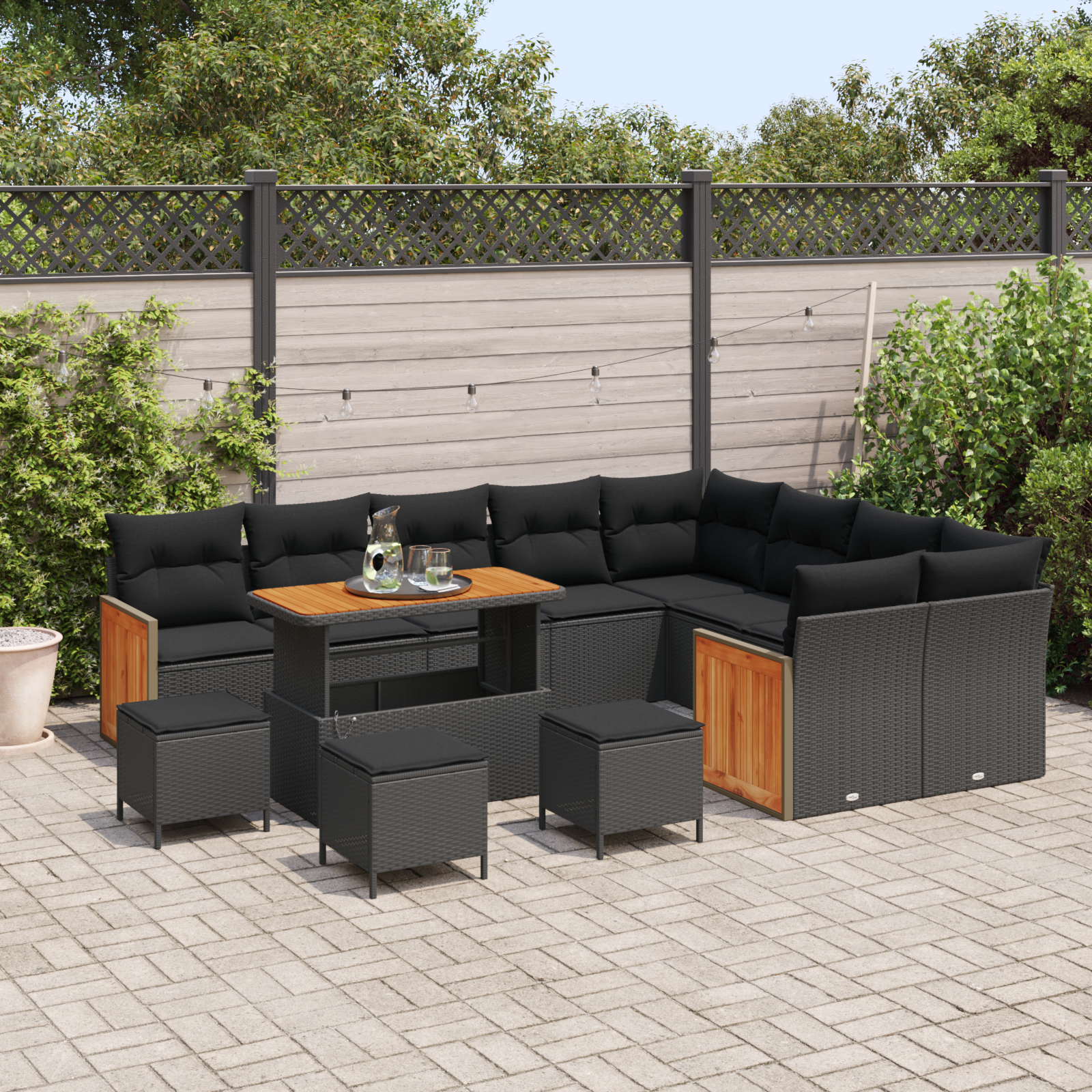 Set canapele grădină  13 piese cu perne Negru Ratan polițian Acacia, Set dining grădină  4 piese cu perne Negru Ratan polițian Acacia, Canapea grădină  2 locuri cu perne Negru Ratan polițian [2]