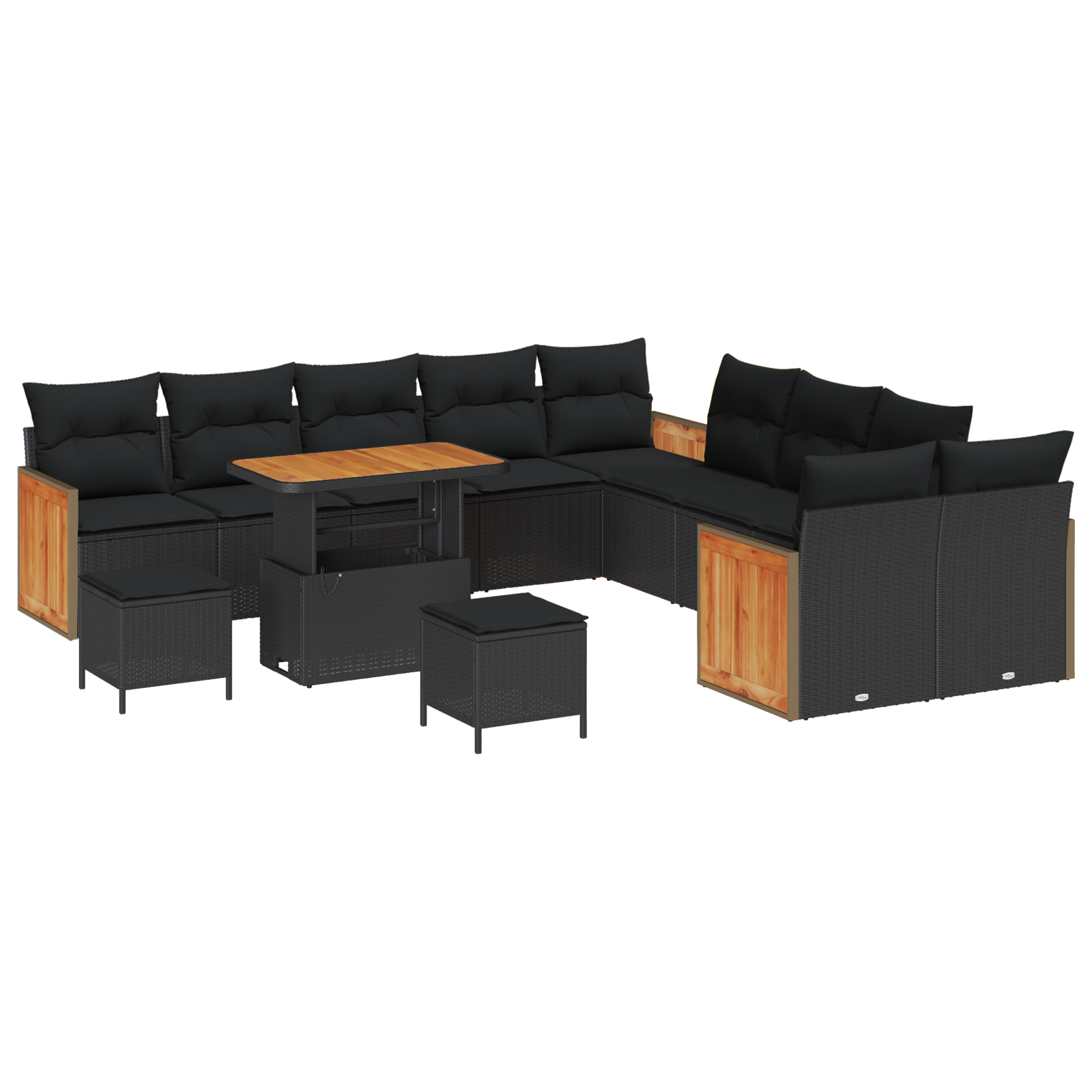 Set de sofa de grădină  cu 13 piese și perne Negru Poliratan Acacia, Sofa de grădină  cu 2 locuri și perne Negru Poliratan, Set de dining de grădină  cu 3 piese și perne Negru Poliratan Acacia [1]