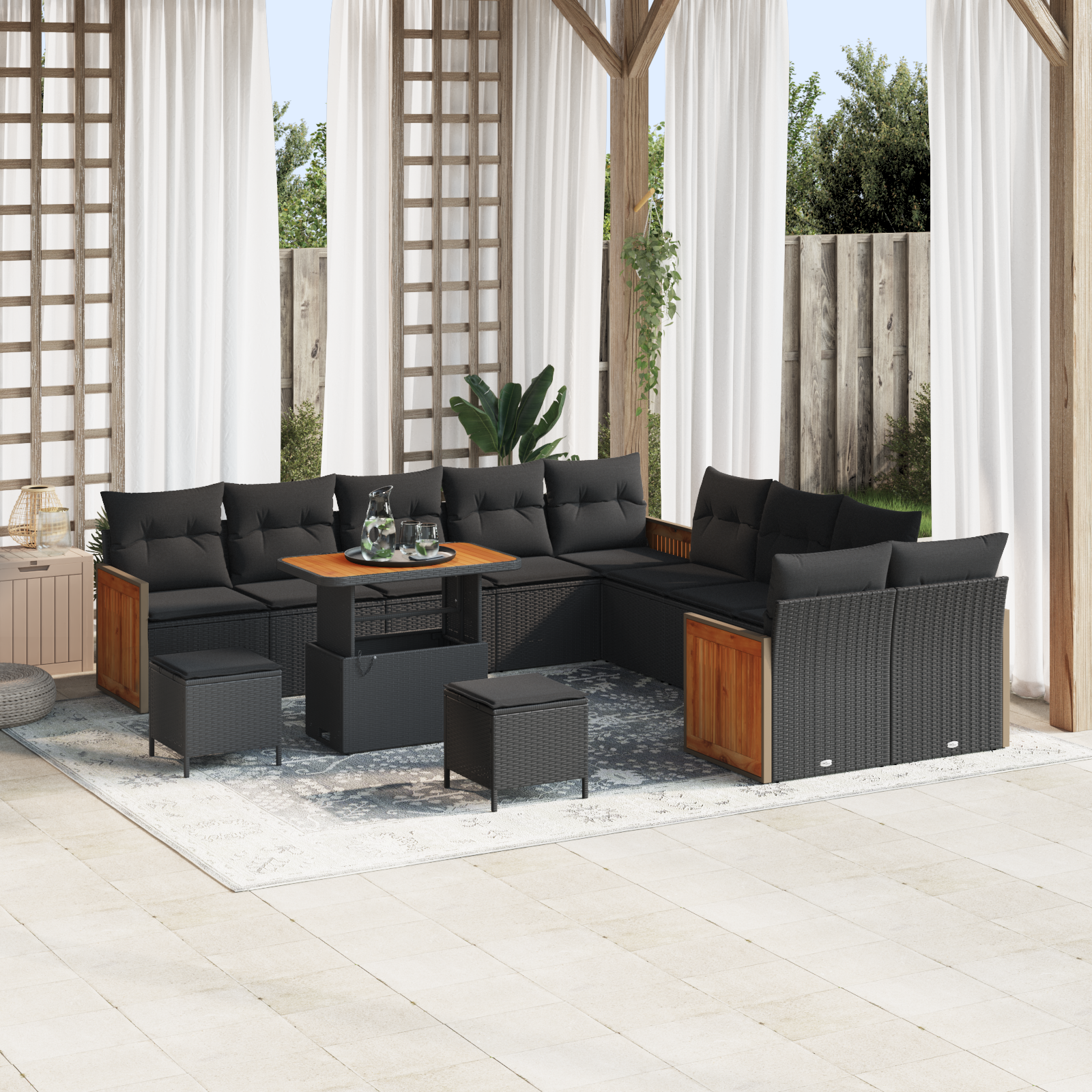Canapele de exterior - Set de sofa de grădină  cu 13 piese și perne Negru Poliratan Acacia, Sofa de grădină  cu 2 locuri și perne Negru Poliratan, Set de dining de grădină  cu 3 piese și perne Negru Poliratan Acacia