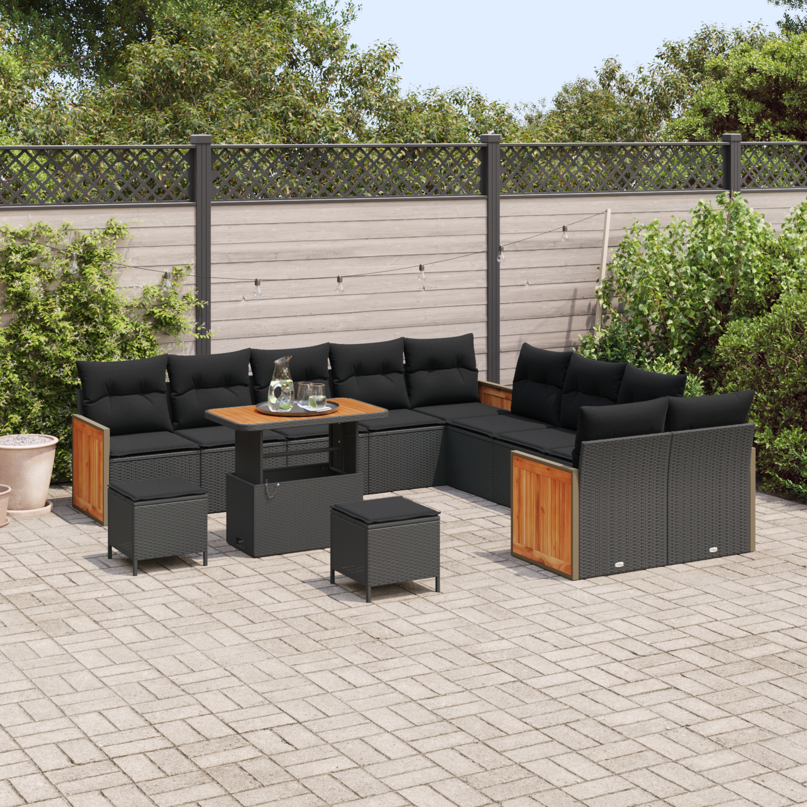 Set de sofa de grădină  cu 13 piese și perne Negru Poliratan Acacia, Sofa de grădină  cu 2 locuri și perne Negru Poliratan, Set de dining de grădină  cu 3 piese și perne Negru Poliratan Acacia [2]