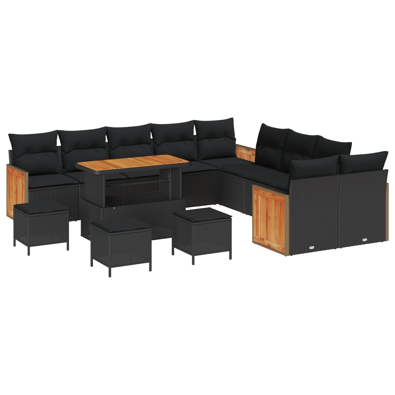 Set de sofa de grădină  14 piese cu perne negre din ratan polițat și acacia, Sofa de grădină  2 locuri cu perne negre din ratan polițat, Set de dining de grădină  4 piese cu perne negre din ratan poli [1]