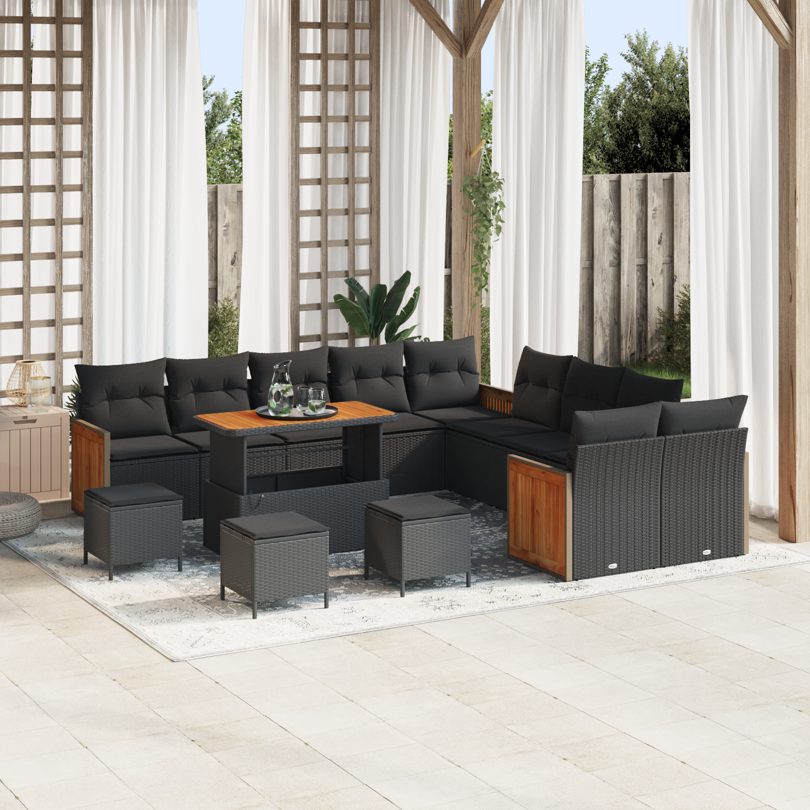 Canapele de exterior - Set de sofa de grădină  14 piese cu perne negre din ratan polițat și acacia, Sofa de grădină  2 locuri cu perne negre din ratan polițat, Set de dining de grădină  4 piese cu perne negre din ratan poli