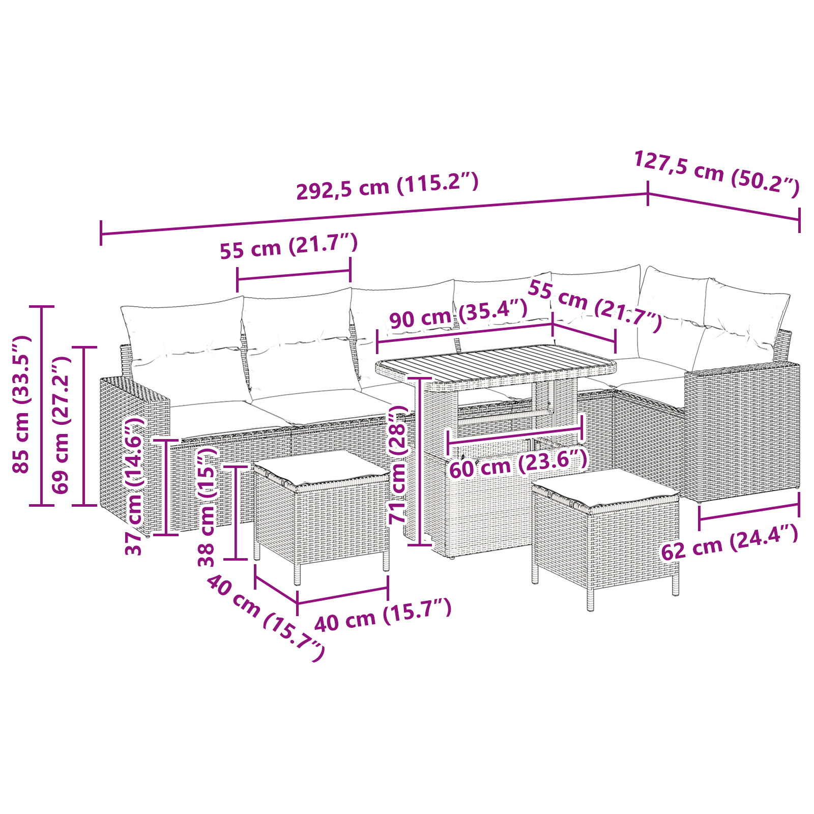 Set canapea grădină  9 piese cu perne bej din ratan poli și acacia, Set dining grădină  3 piese cu perne bej din ratan poli și acacia [11]