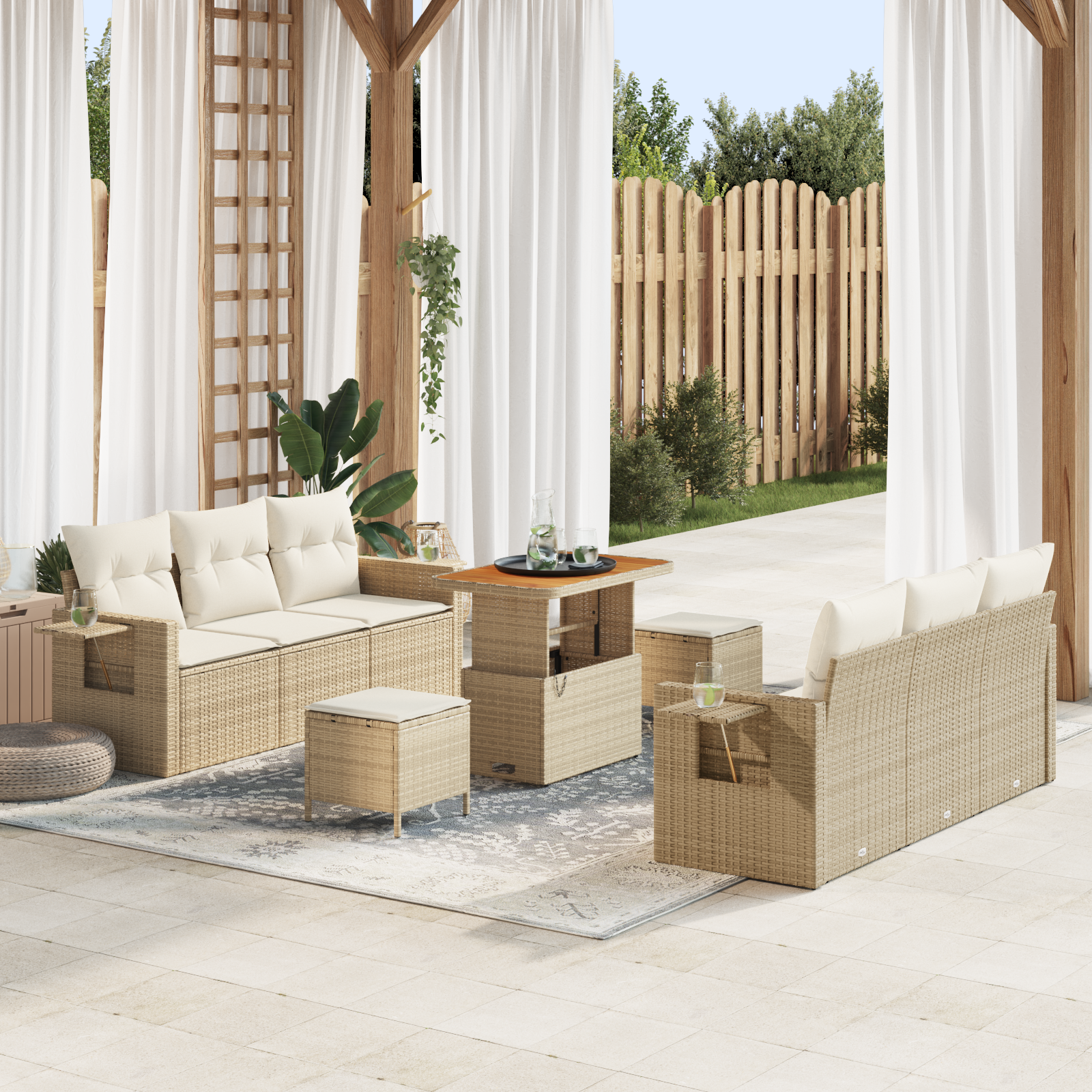 Canapele de exterior - Set Sofa de Grădină  cu 9 Piese cu Perne Bej Ratan Polimeric Acacia