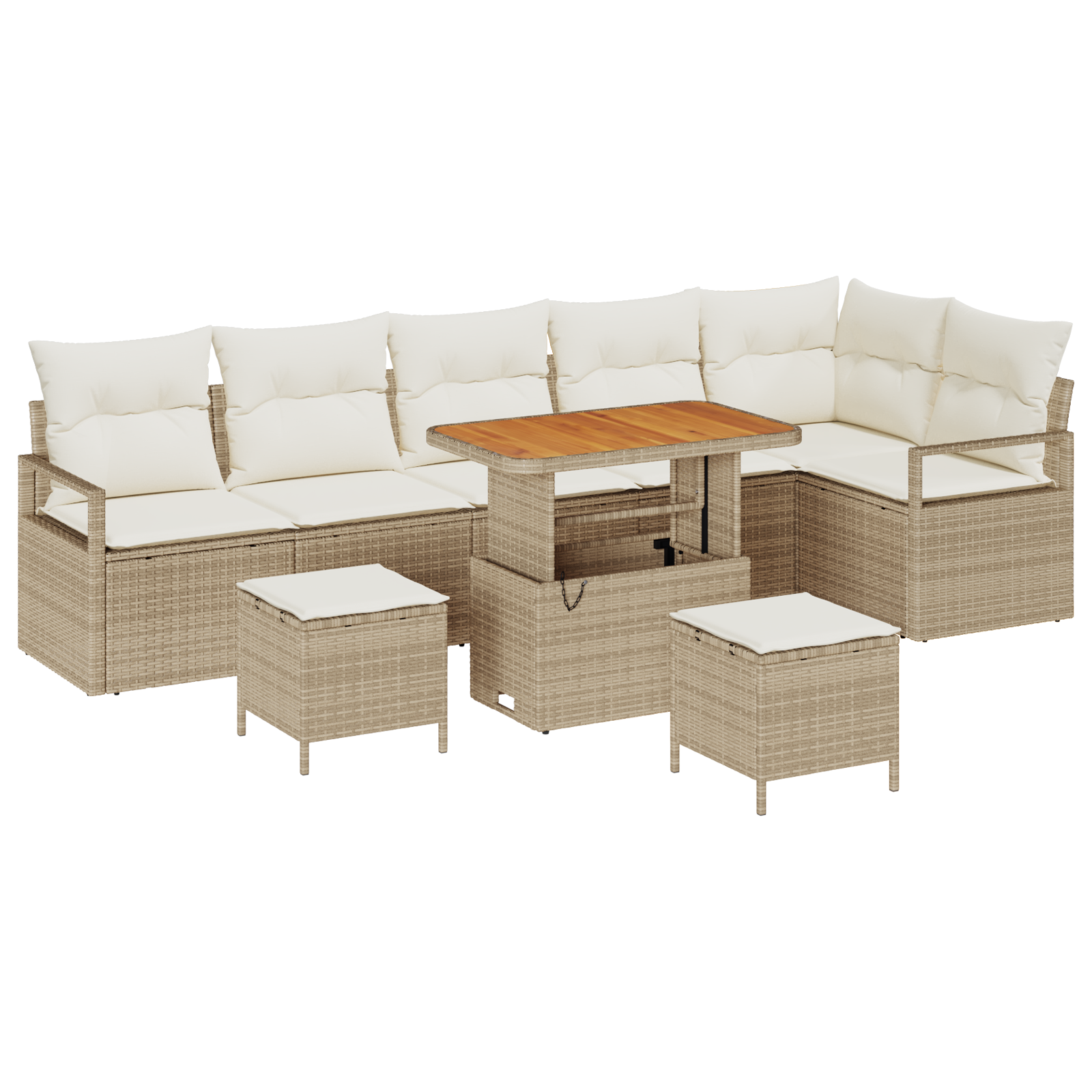 Set de canapele de grădină  cu 9 piese și perne bej din ratan sintetic acacia, Sofa de grădină  cu 2 locuri și spațiu de depozitare și perne bej din ratan sintetic, Set de dining de grădină  cu 3 pies [1]
