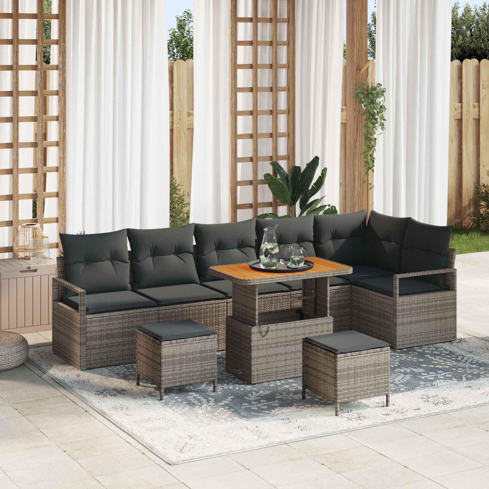 Canapele de exterior - Set de sofa de grădină  9 Piese cu perne Gri Ratan Poly Acacia