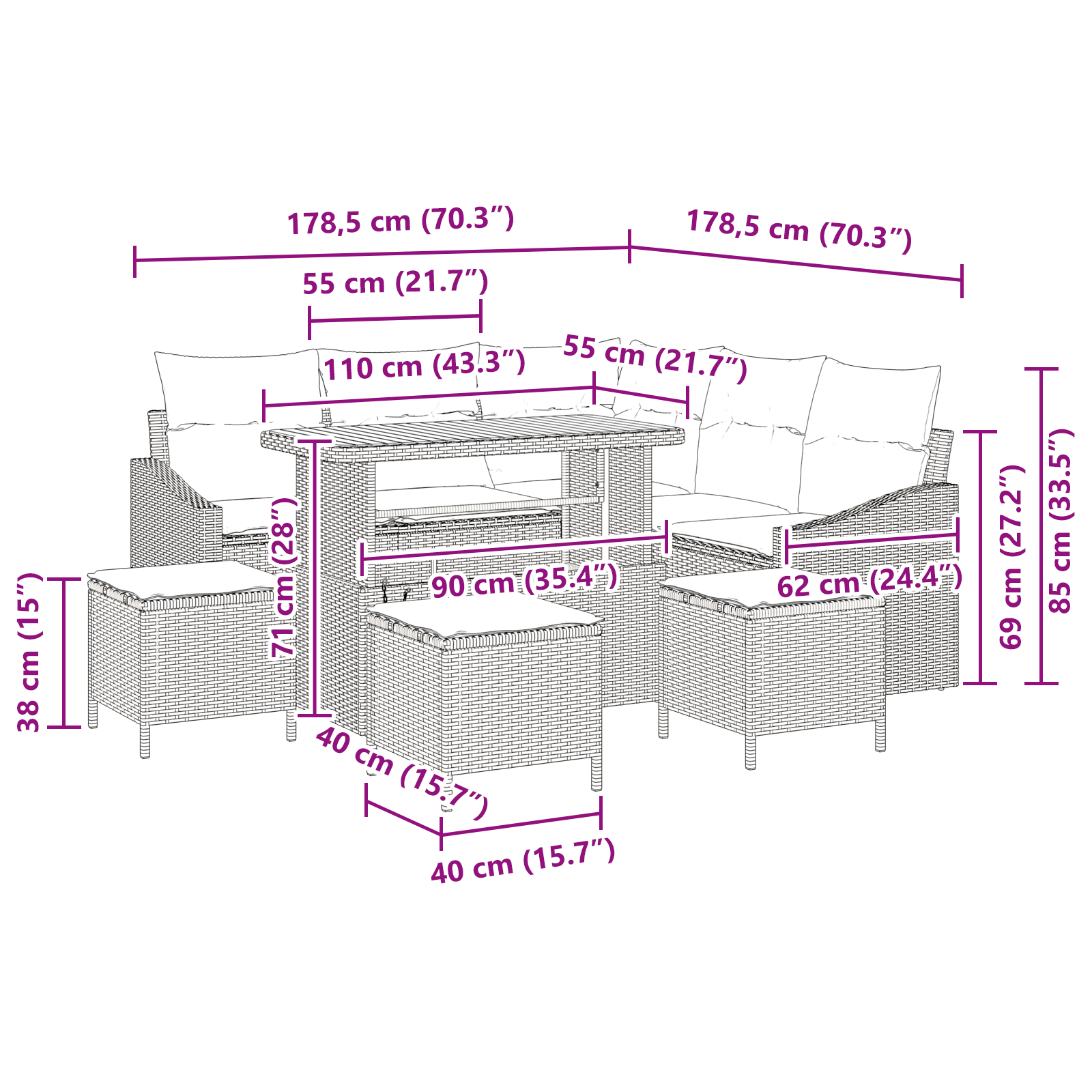Set canapea 9 piese pentru grădină cu perne bej din ratan poliester acacia, Set canapea 2 locuri pentru grădină cu depozitare și perne bej din ratan poliester, Set de dining 4 piese pentru grădină cu  [10]