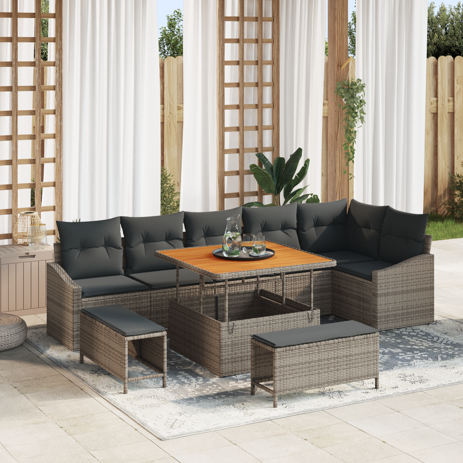 Canapele de exterior - Set de 9 Piese pentru Sofa de Grădină cu Pernițe Gri din Poliratán Acacia