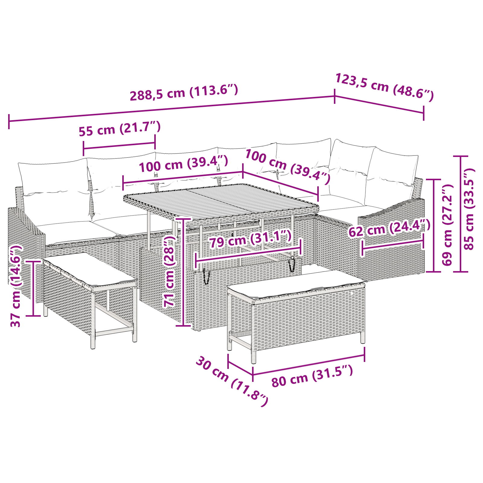 Set de 9 Piese pentru Sofa de Grădină cu Pernițe Gri din Poliratán Acacia [10]
