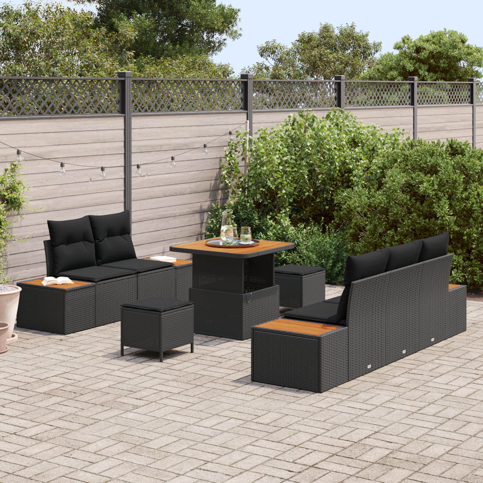 Set Sofa Grădină  8 Piese cu Pernițe Negru Poliratán Acacia, Sofa Grădină  cu Spațiu&Perne pentru 2 Persoane Negru Poliratán, Set Mesa pentru Grădină 3 Piese cu Pernițe Negru Poliratán Acacia [2]