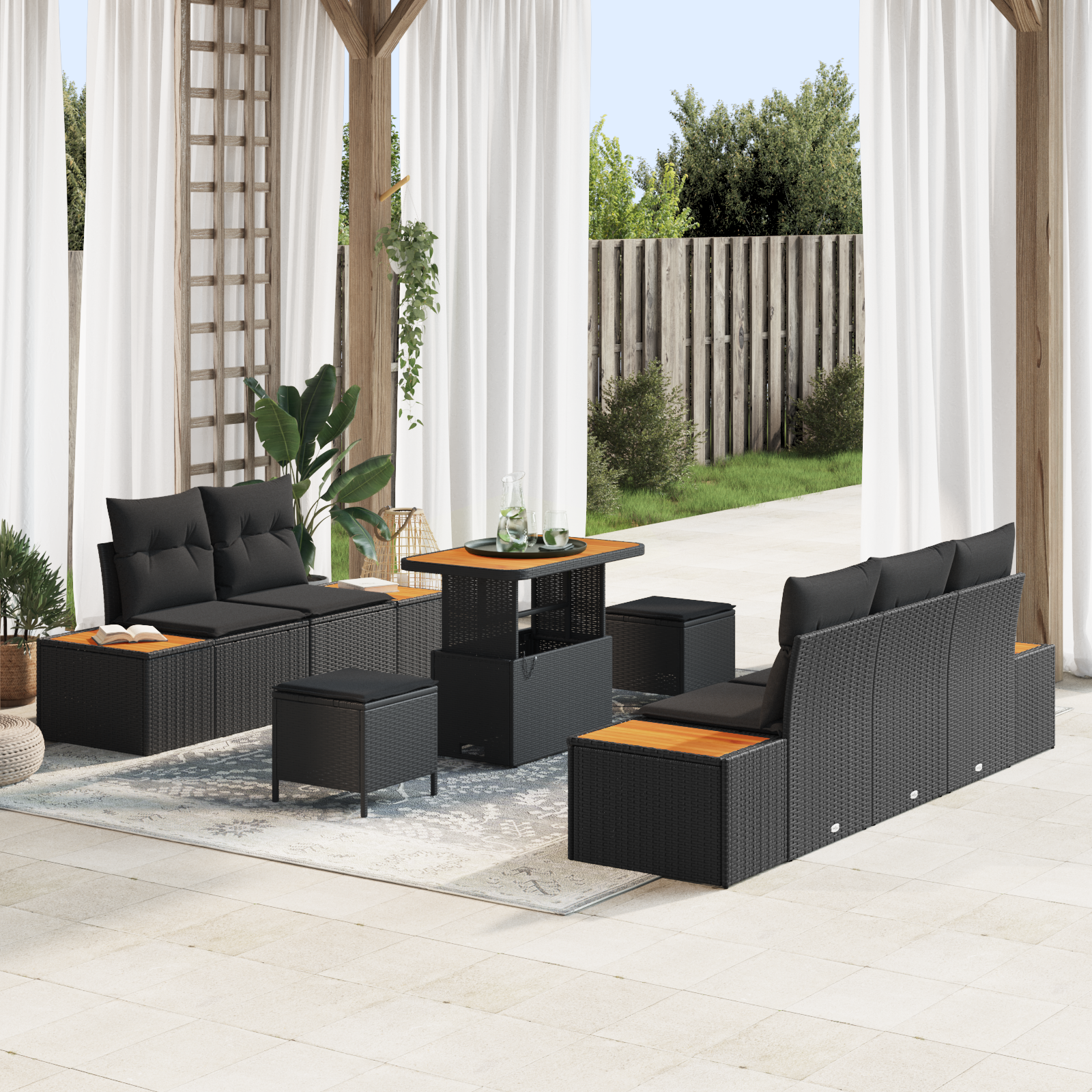Canapele de exterior - Set de Sofa pentru Grădină  cu Perne Negru Poliratan Acacia, Sofa pentru Grădină  cu 2 Locuri și Depozitare & Perne Negru Poliratan, Set de Dining pentru Grădină  cu 3 Piese și Perne Negru Poliratan A