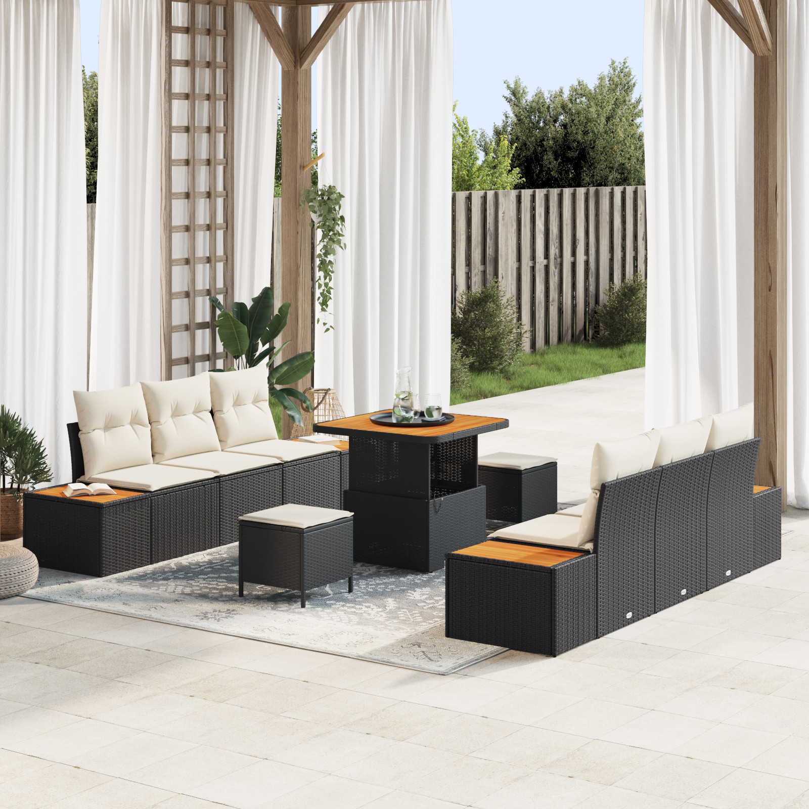 Canapele de exterior - Set de sofa de grădină 9 piese cu perne Ratan Poli Negru Acacia