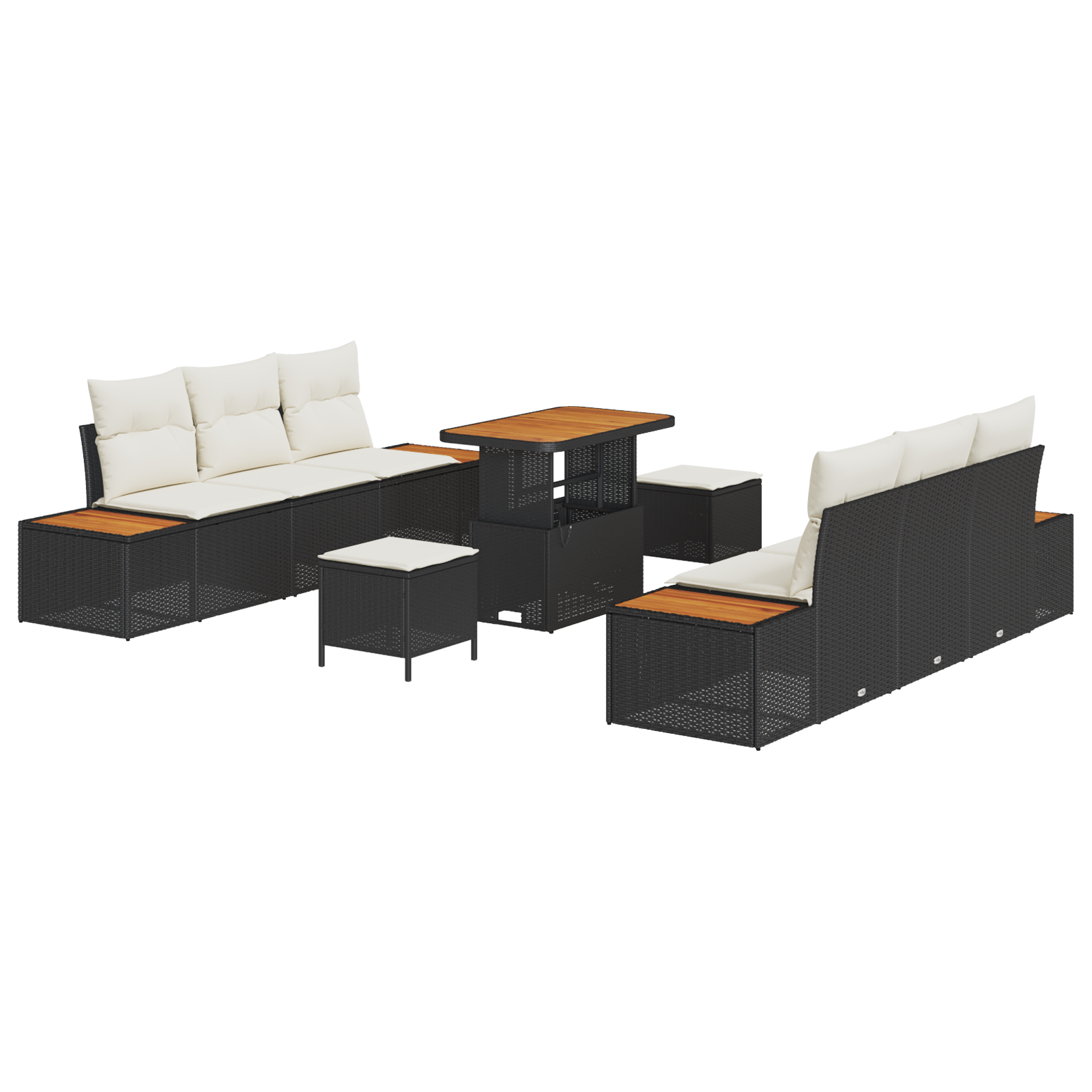 Set de Sofa de Grădină din 9 Piese cu Pernă Neagră din Poliratan Acacia, Sofa de Grădină cu 2 Locuri cu Spațiu de Stocare și Perne Negre din Poliratan, Set de Dining pentru Grădină din 3 Piese cu Pern [1]