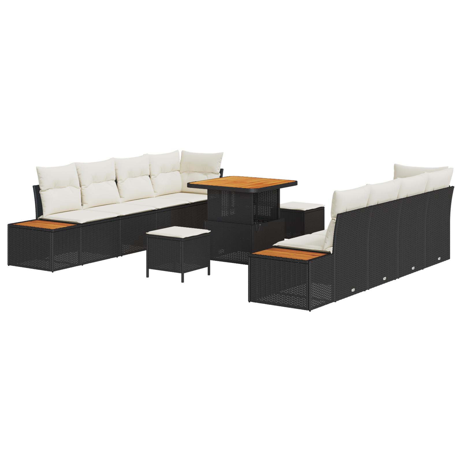 Set de Sofa pentru Grădină  cu Perne Negru Poliratan Acacia 11 Piese, Sofa pentru 2 Persoane în Grădină cu Depozitare și Perne Negru Poliratan, Set de Luat Masa pentru Grădină  cu Perne Negru Polirata [1]